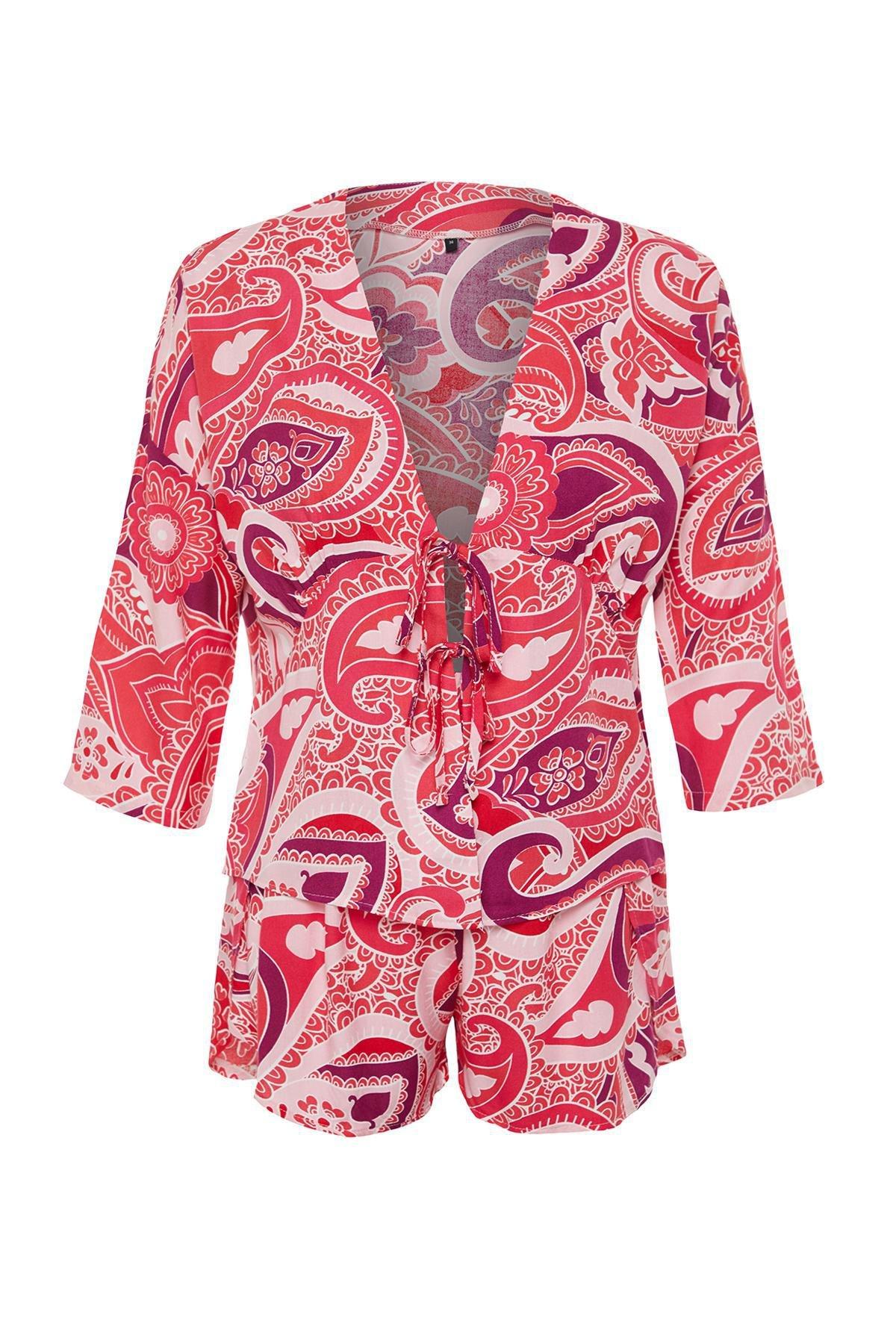 Pink Printed Tie Detailed Woven Pyjama Set, , large image number 5