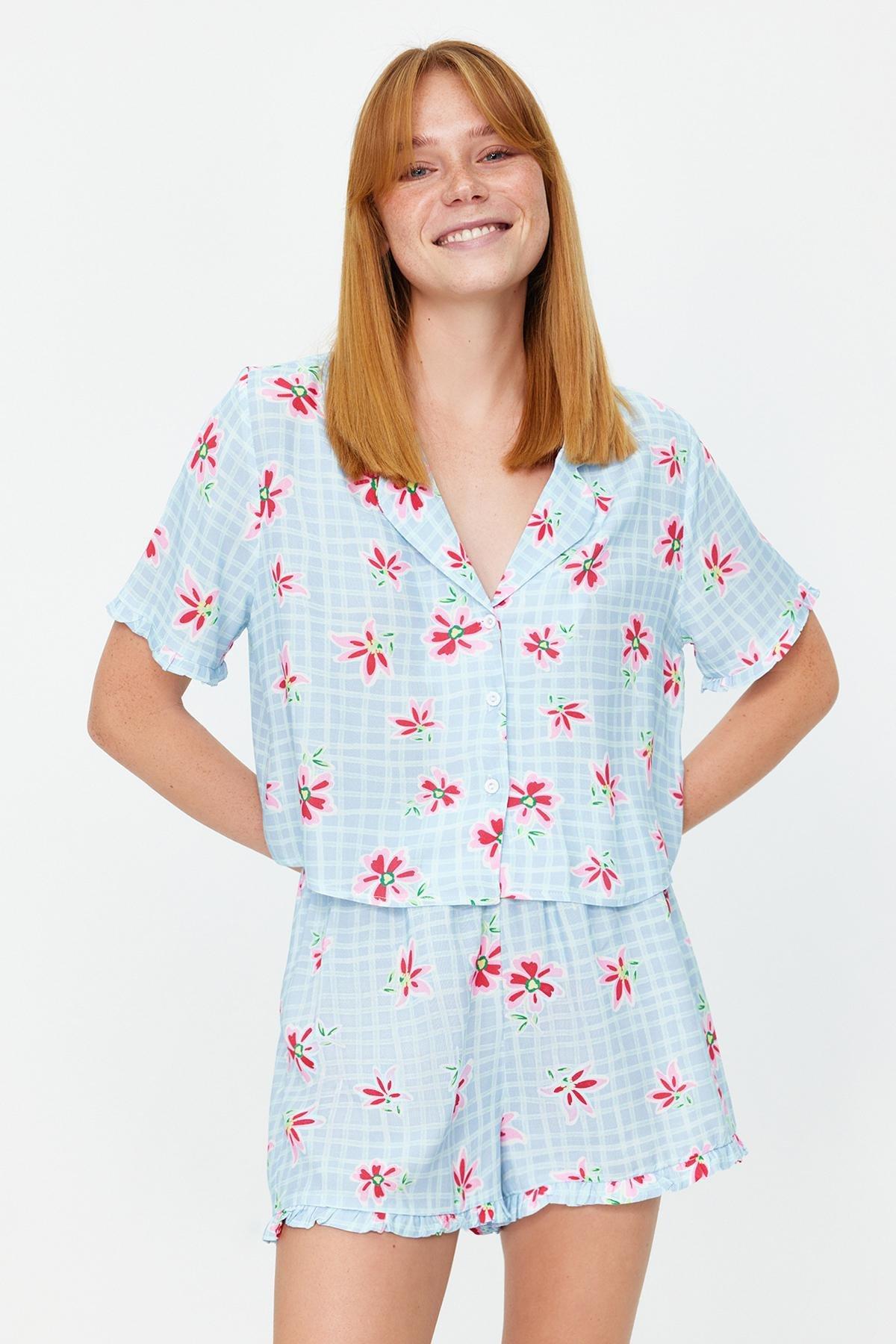 Light Blue Floral Patterned Viscose Woven Pajama Set THMSS23PT00167, 2 pcs, , large image number 0