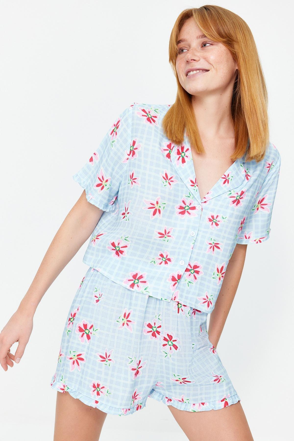 Light Blue Floral Patterned Viscose Woven Pajama Set THMSS23PT00167, 2 pcs, , large image number 2