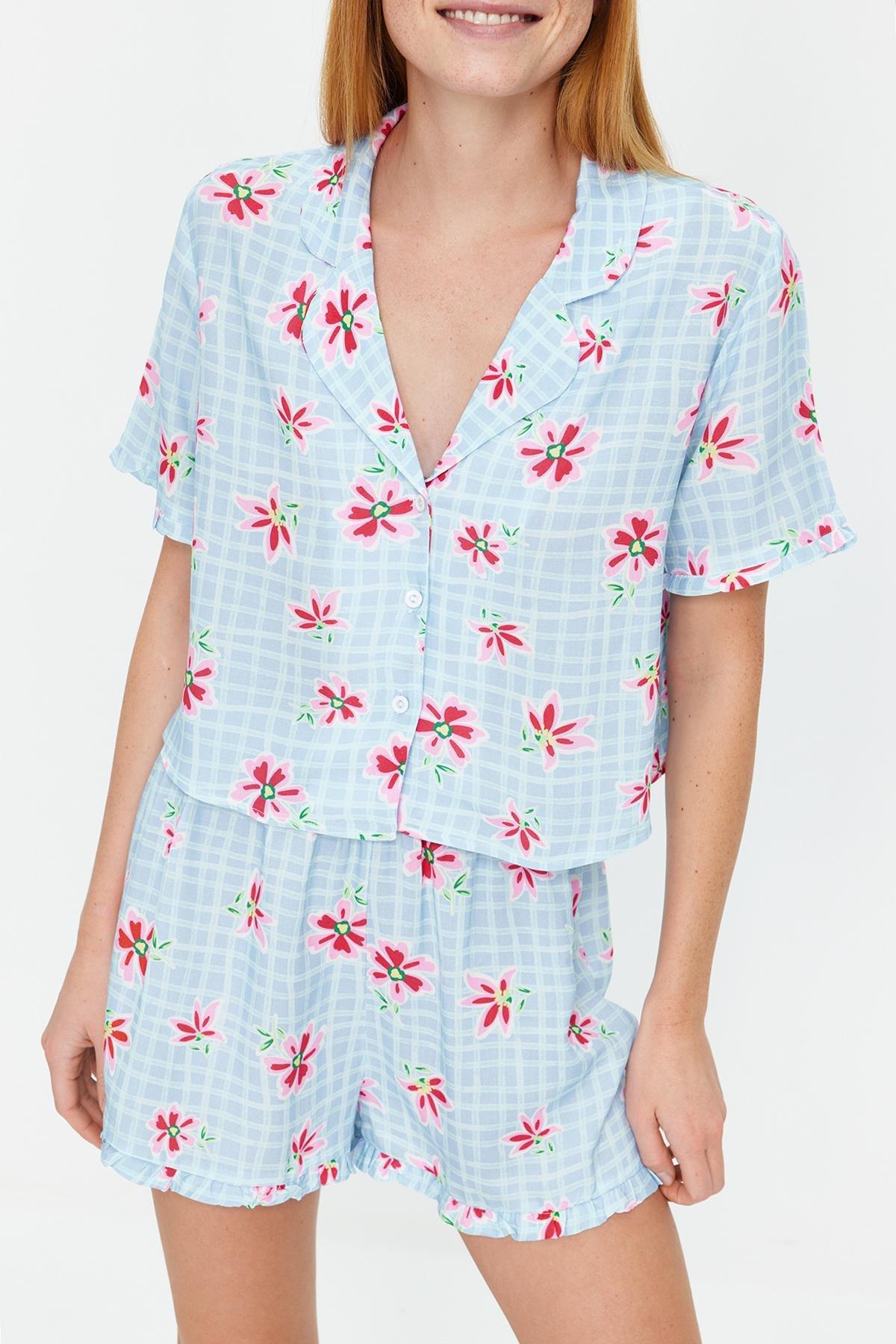 Light Blue Floral Patterned Viscose Woven Pajama Set THMSS23PT00167, 2 pcs, , large image number 3