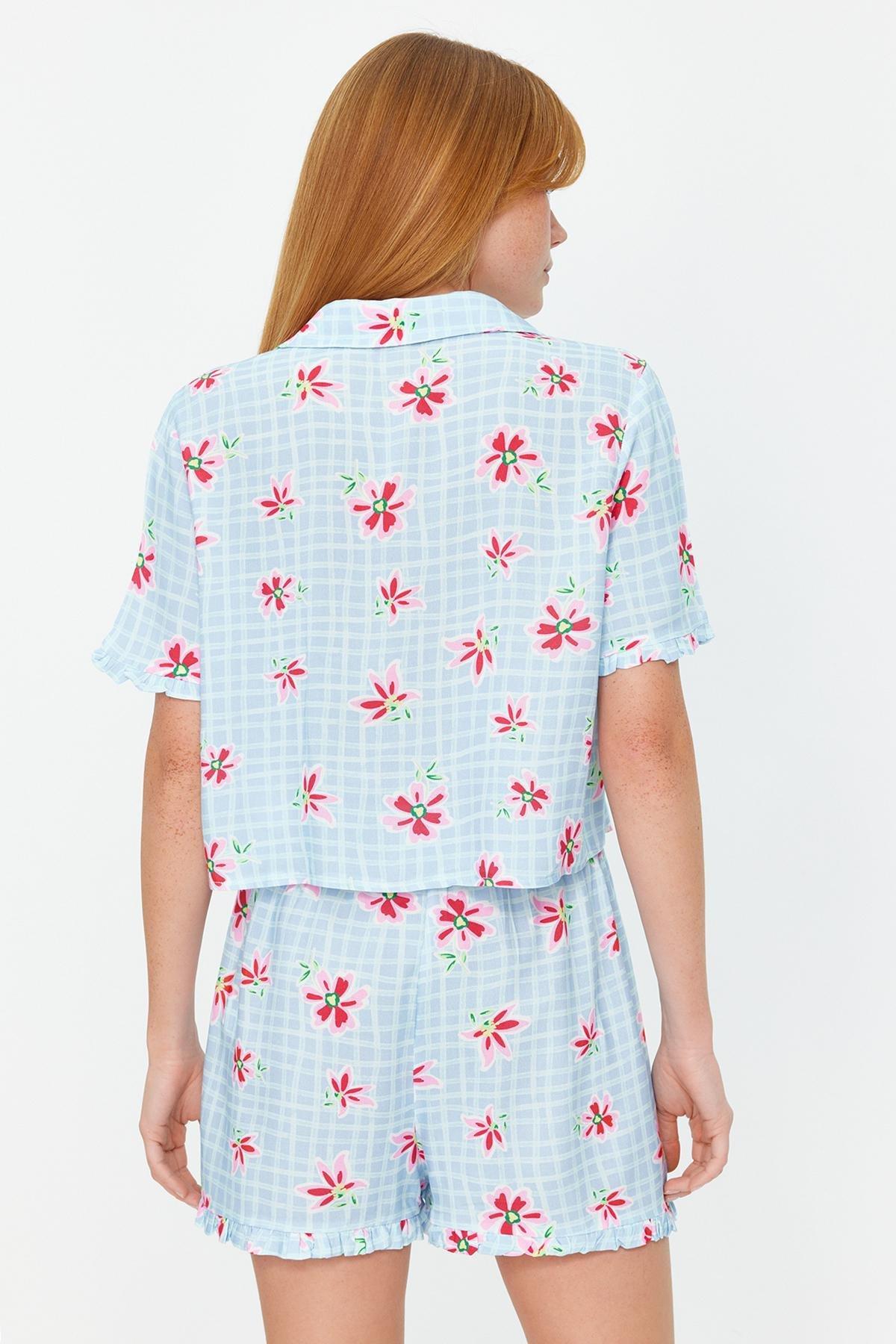 Light Blue Floral Patterned Viscose Woven Pajama Set THMSS23PT00167, 2 pcs, , large image number 4