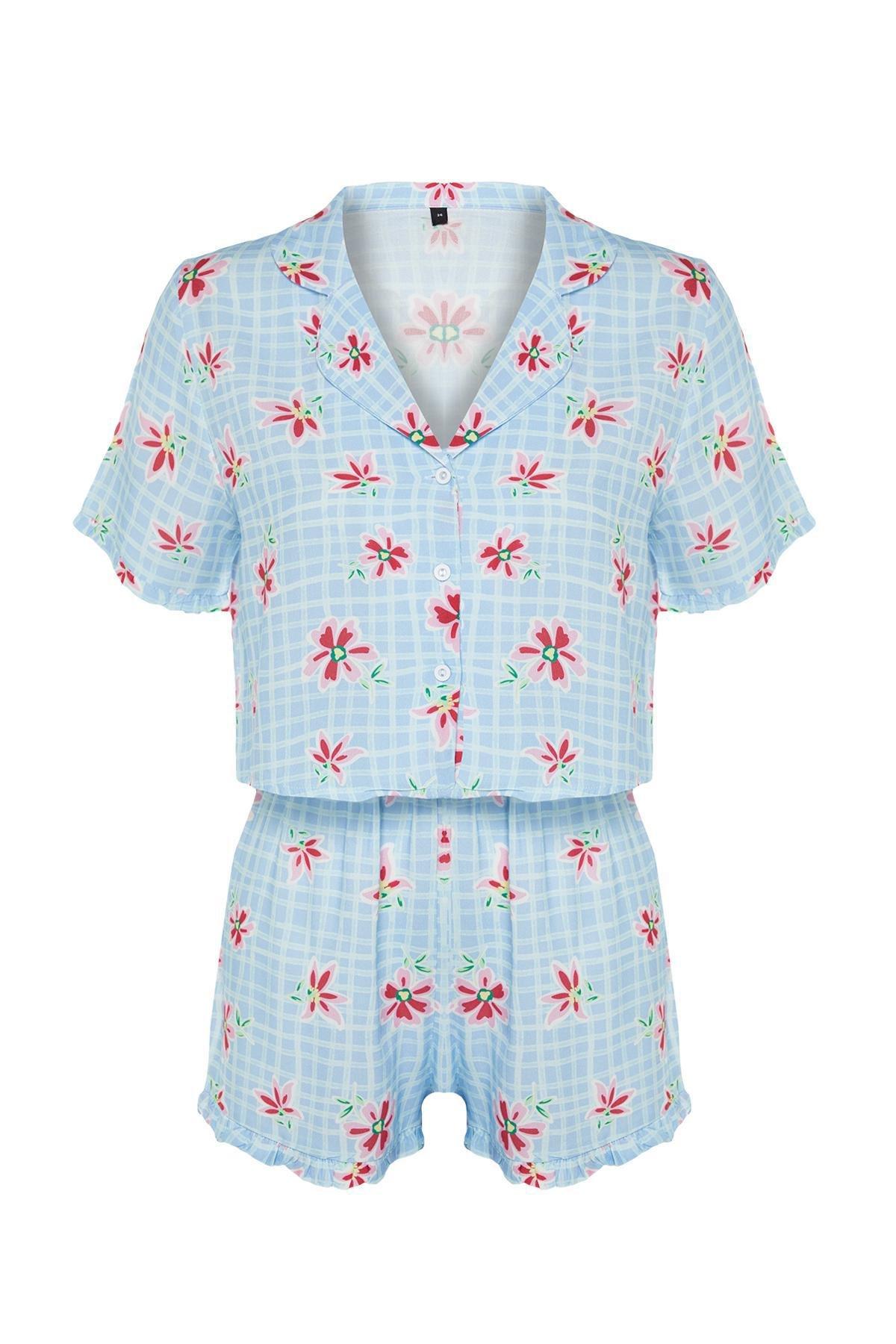 Light Blue Floral Patterned Viscose Woven Pajama Set THMSS23PT00167, 2 pcs, , large image number 5