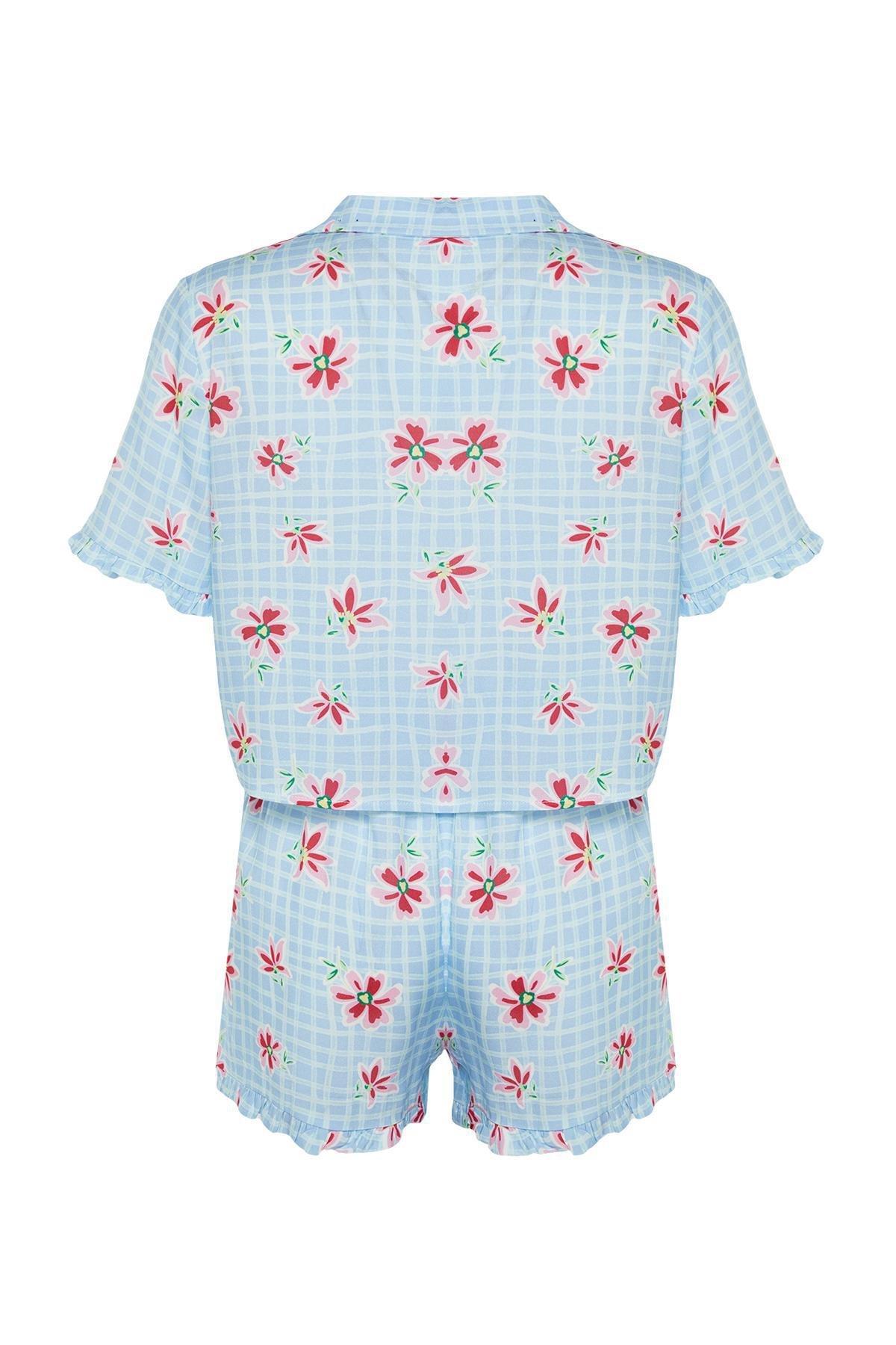 Light Blue Floral Patterned Viscose Woven Pajama Set THMSS23PT00167, 2 pcs, , large image number 6