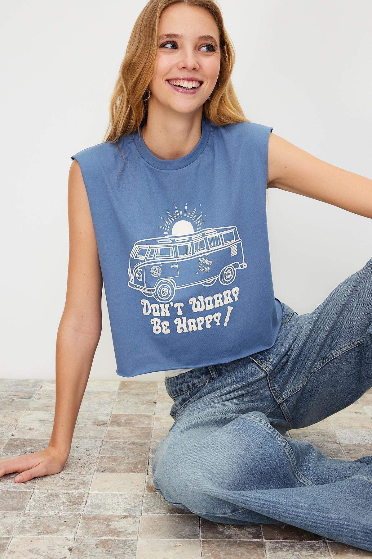 Navy Printed Sleeveless Knitted T-Shirt, , large image number 0
