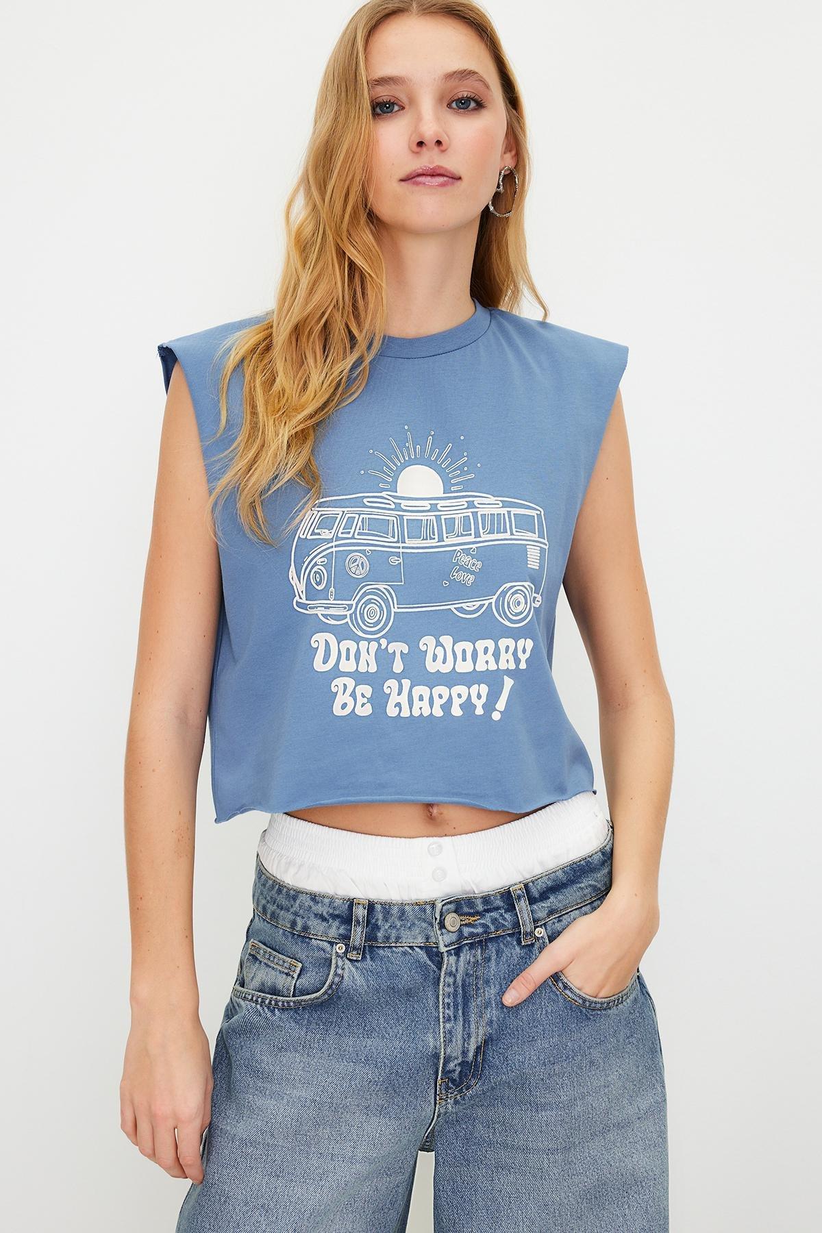 Navy Printed Sleeveless Knitted T-Shirt, , large image number 1