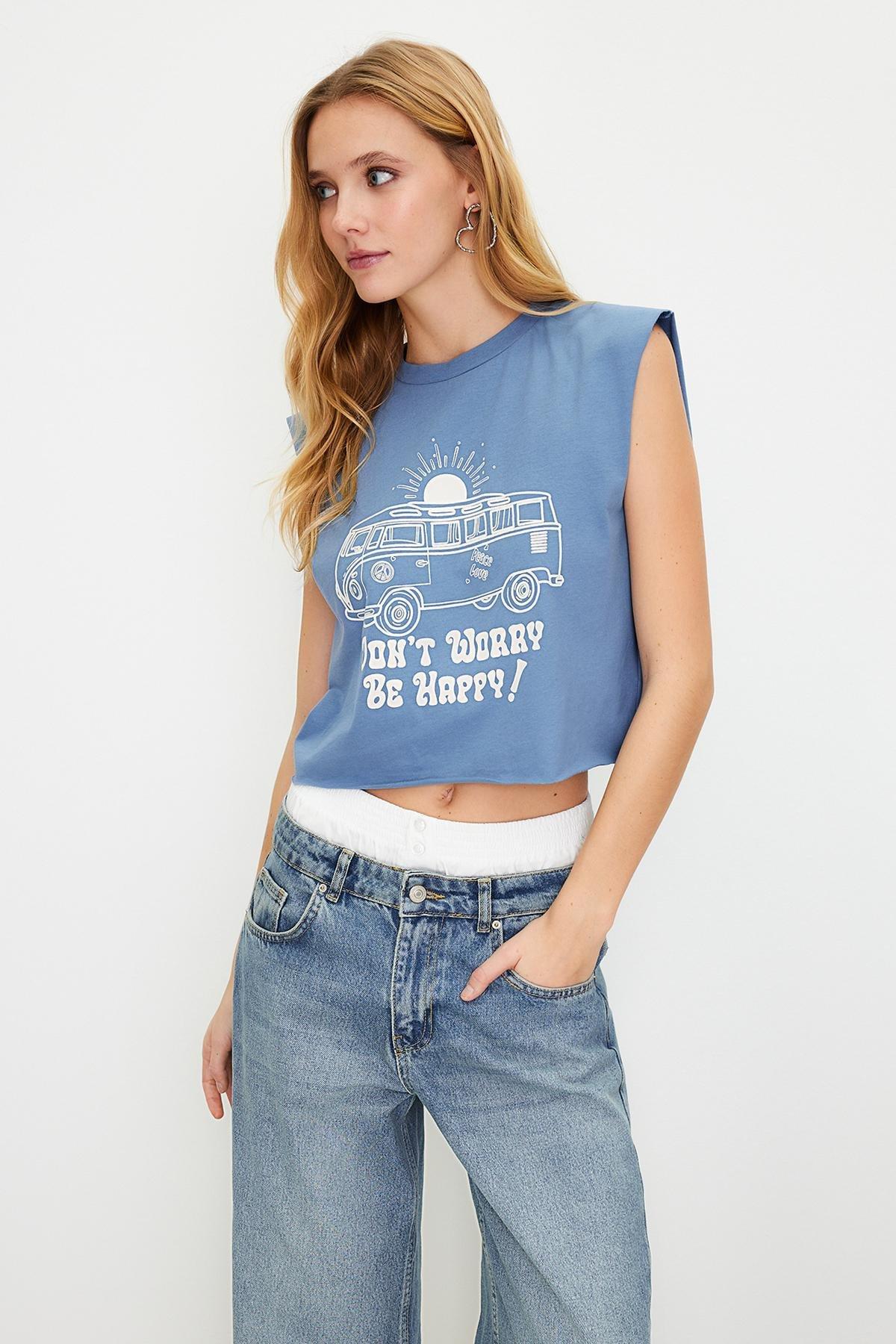 Navy Printed Sleeveless Knitted T-Shirt, , large image number 2