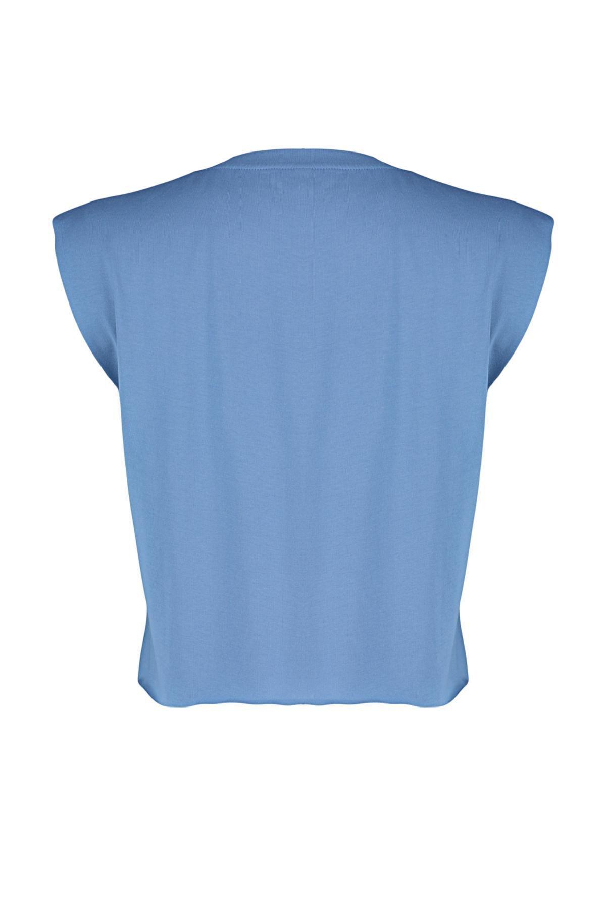 Navy Printed Sleeveless Knitted T-Shirt, , large image number 6