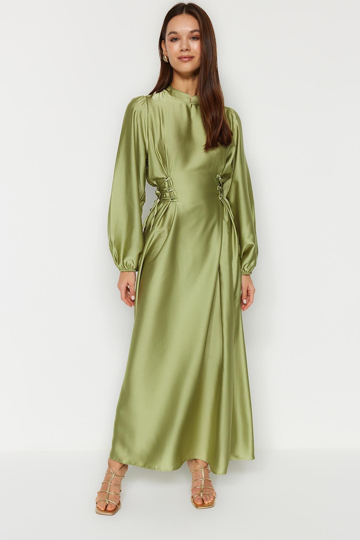Green Fitted Satin Weave Maxi Dress, , large image number 0