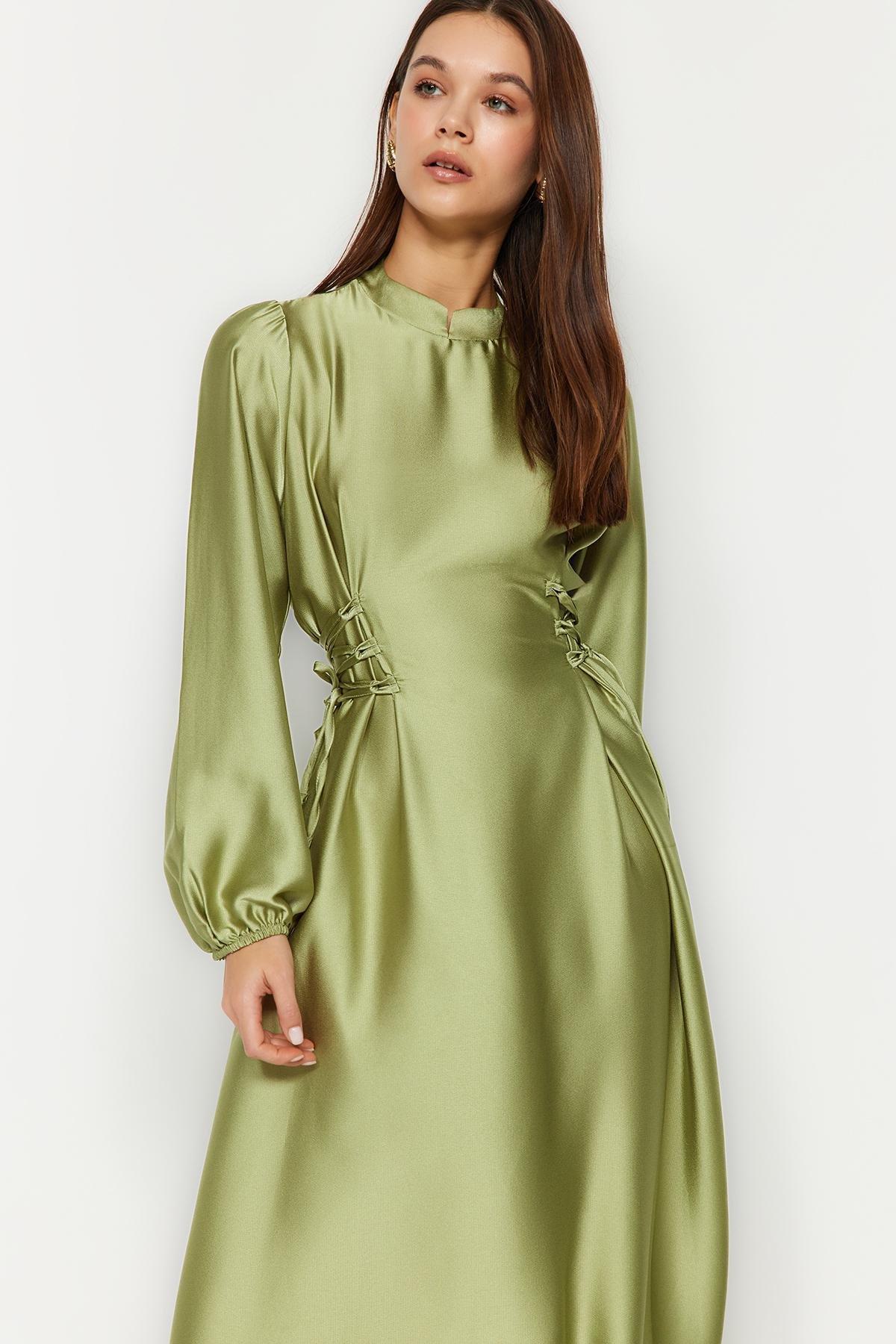 Green Fitted Satin Weave Maxi Dress, , large image number 1
