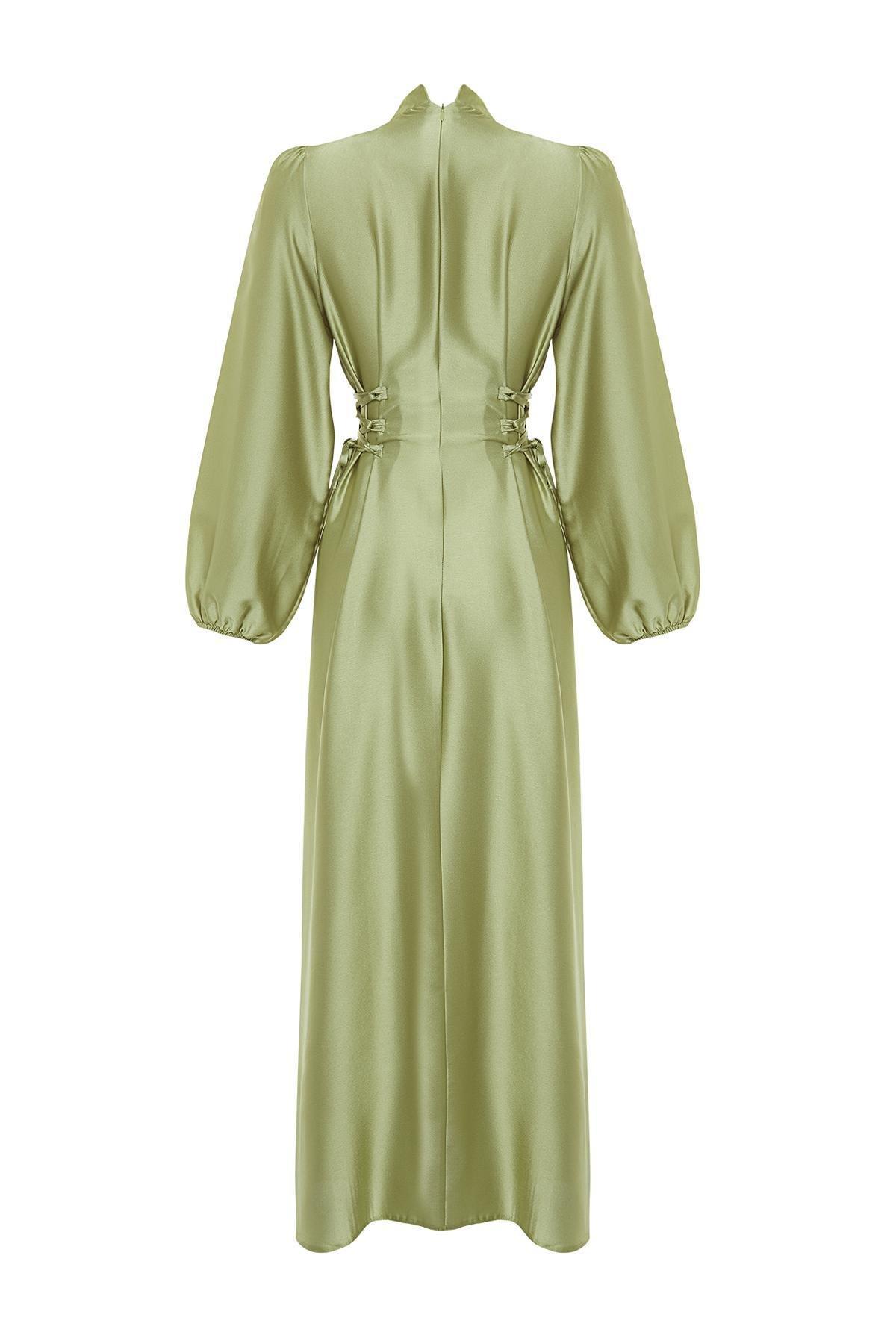 Green Fitted Satin Weave Maxi Dress, , large image number 6