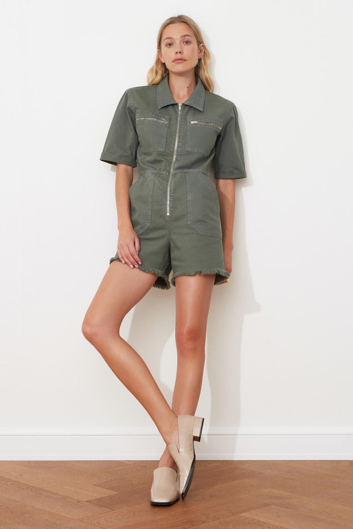 Khaki Lapel Collar Jumpsuit, , large image number 0
