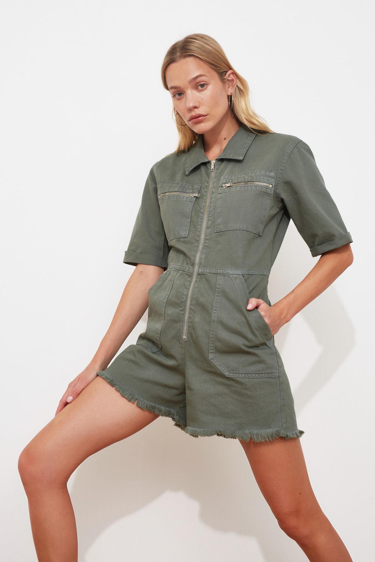 Khaki Lapel Collar Jumpsuit, , large image number 2