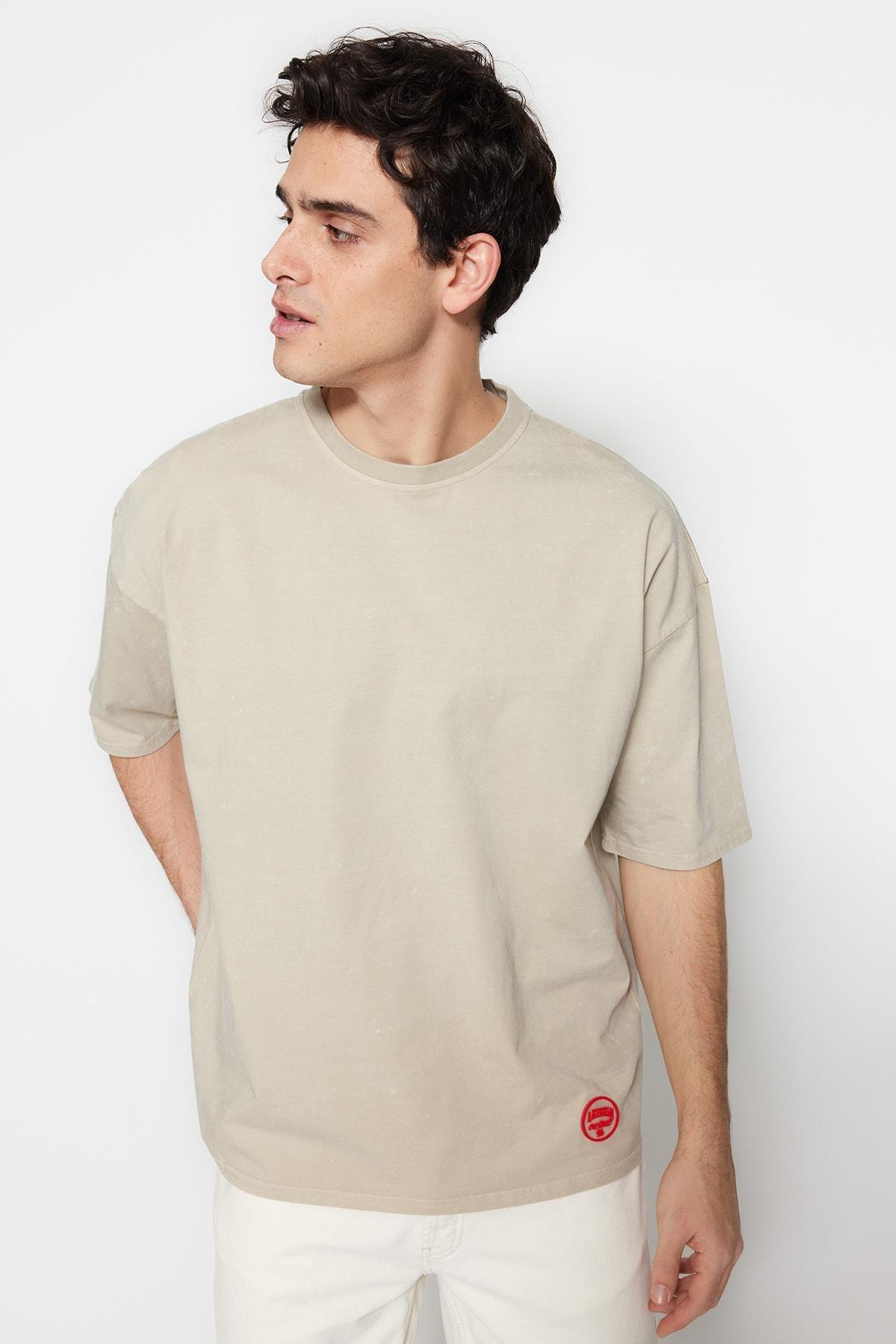Beige Crew Neck Oversize T-Shirt, , large image number 0