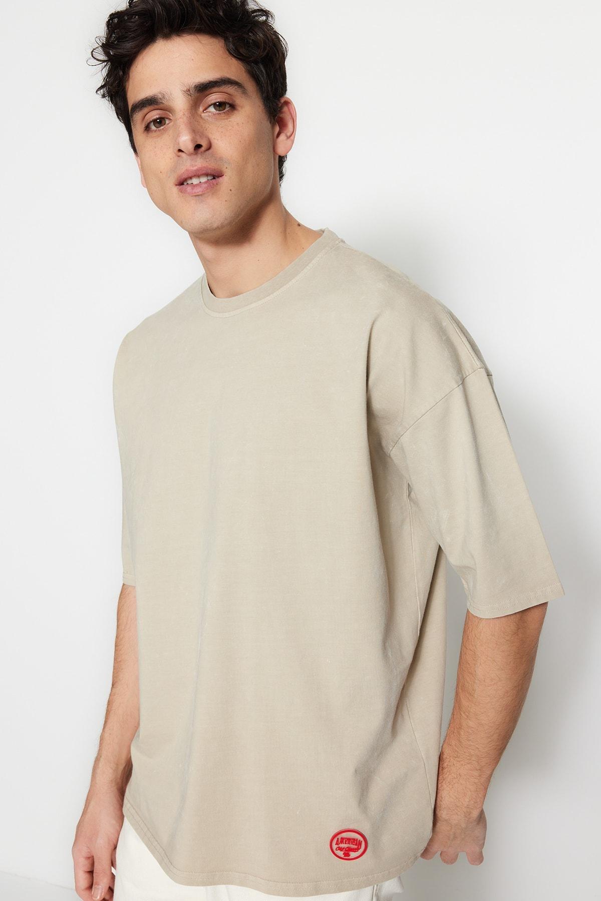 Beige Crew Neck Oversize T-Shirt, , large image number 1
