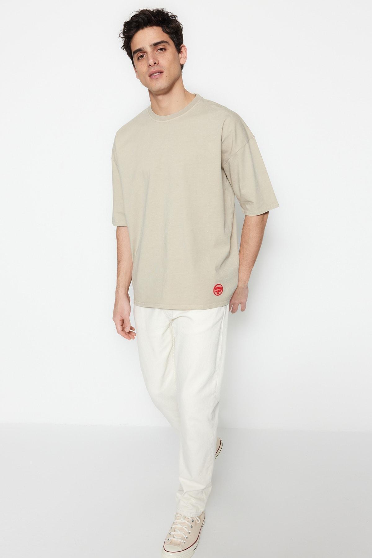 Beige Crew Neck Oversize T-Shirt, , large image number 2
