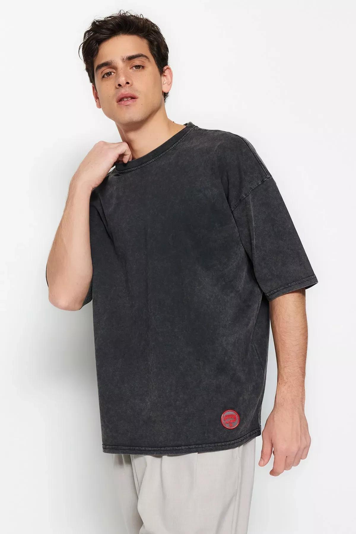 Grey Crew Neck Oversize T-Shirt, Gray, medium