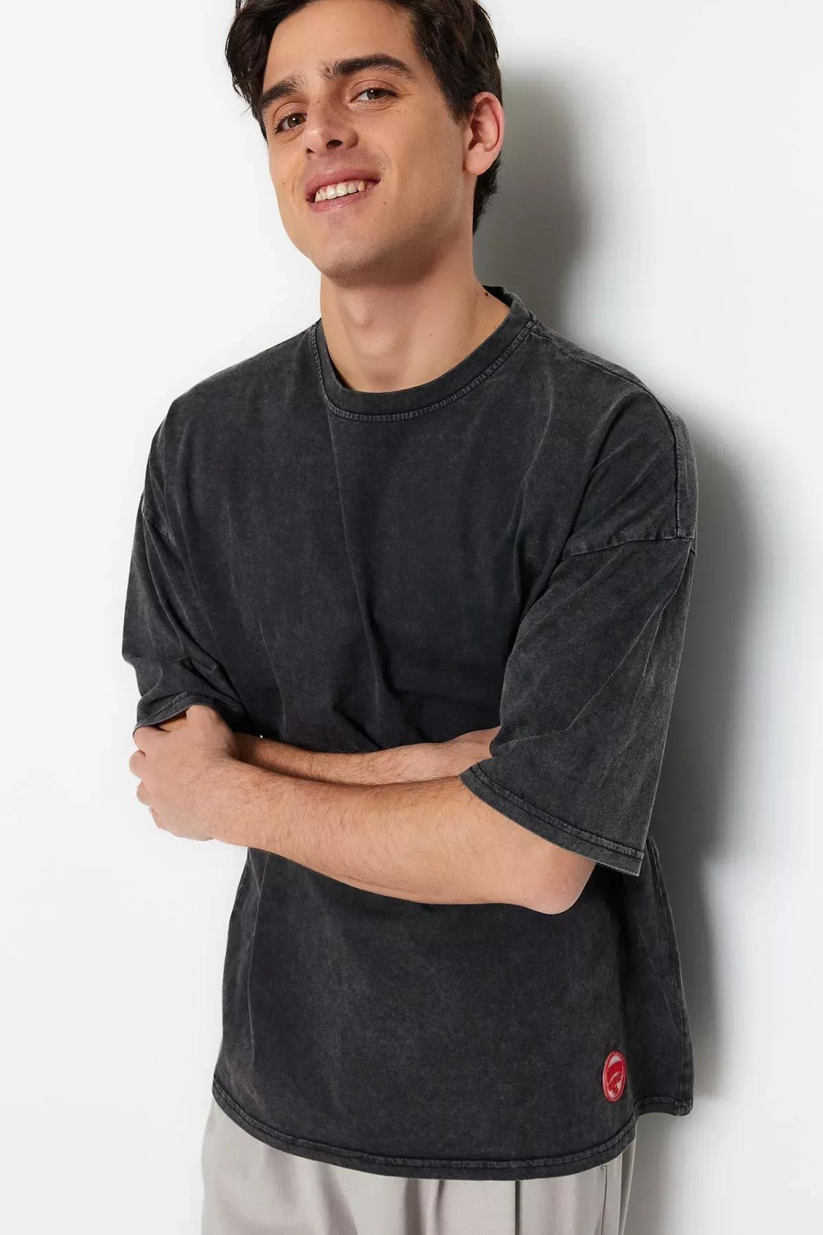 Grey Crew Neck Oversize T-Shirt, Gray, medium