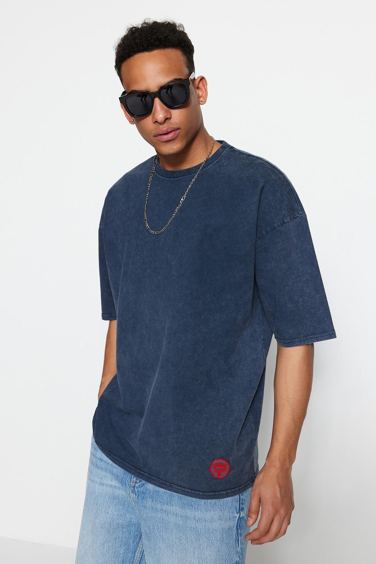 Blue Crew Neck Oversize T-Shirt, , large image number 0