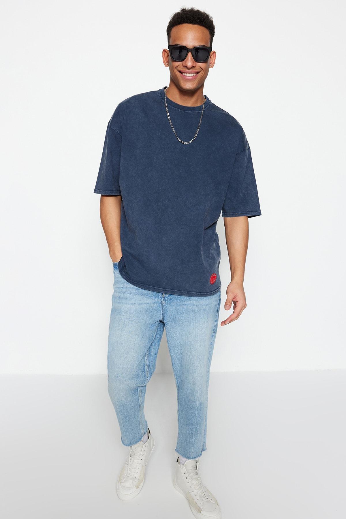 Blue Crew Neck Oversize T-Shirt, , large image number 1