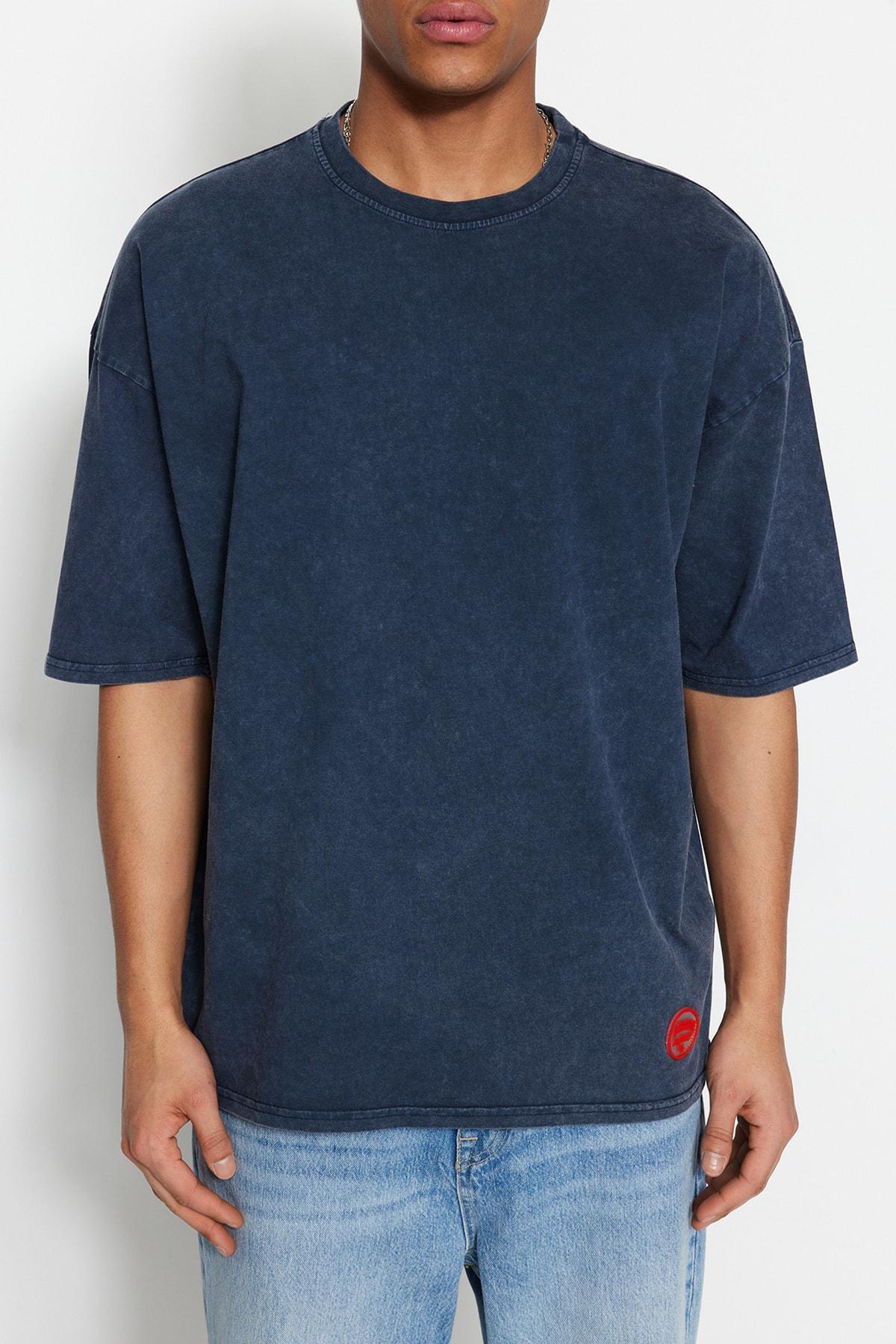Blue Crew Neck Oversize T-Shirt, , large image number 3