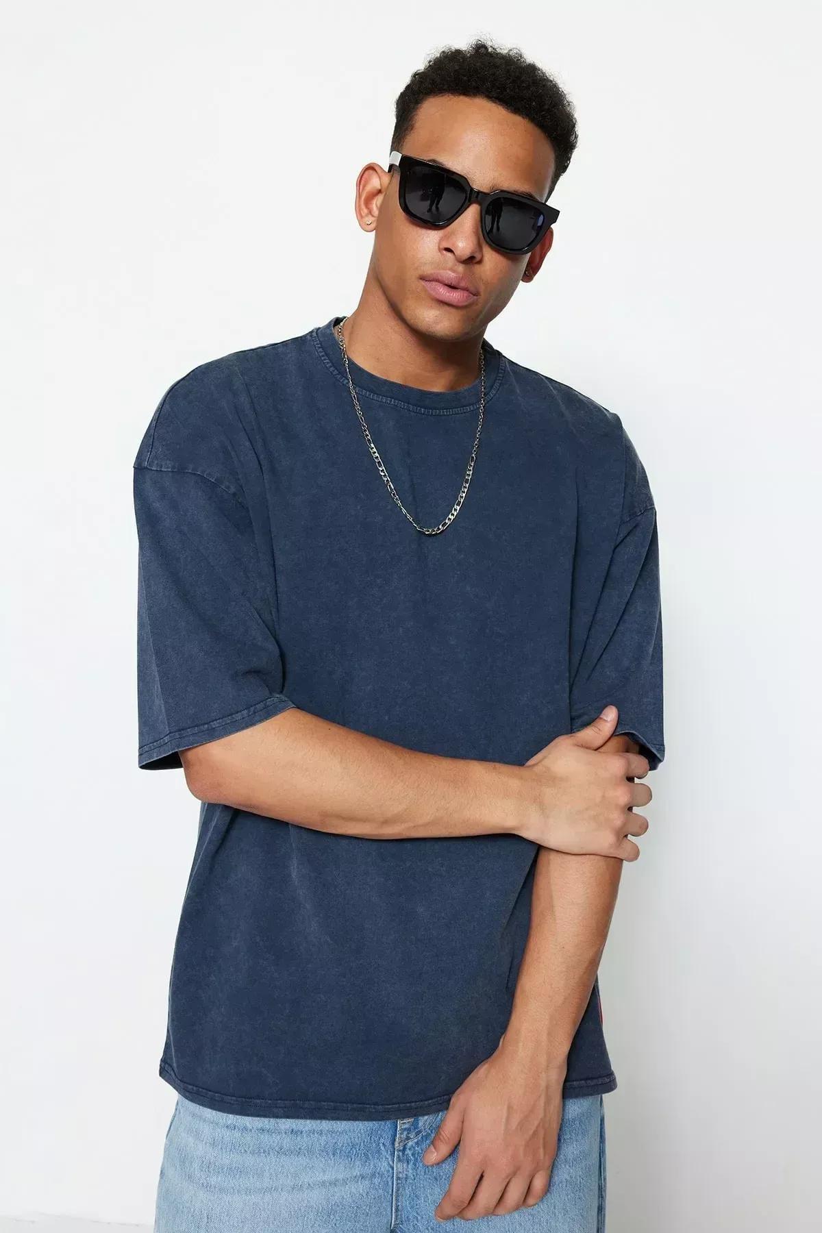 تيشيرت بقصة فضفاضة بفتحة رقبة مستديرة، أزرق, Dark blue, large image number 6