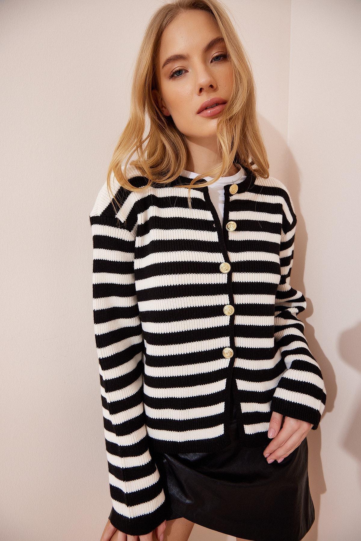 Black Striped Knitwear Cardigan, Bone Black, large image number 2