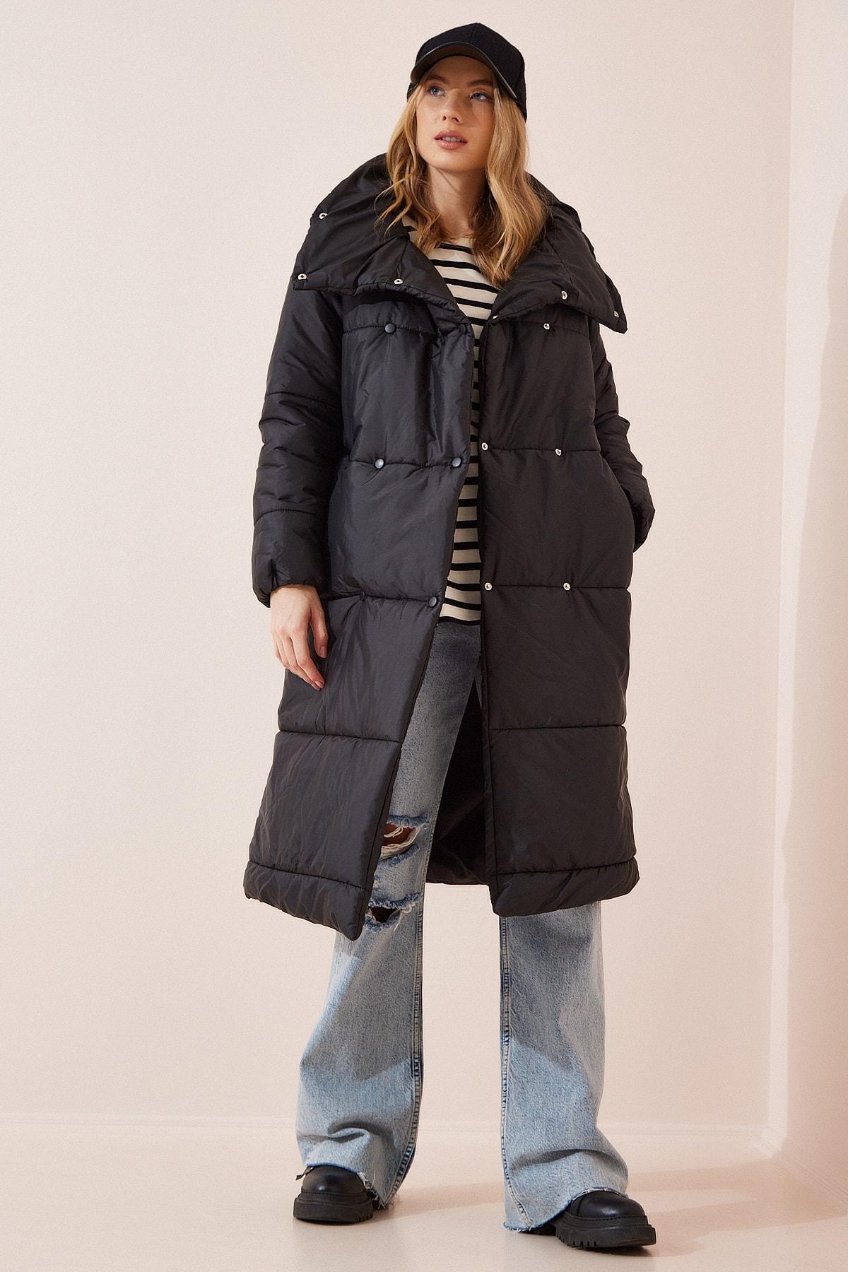 Black Oversize Quilted Coat, , large image number 0