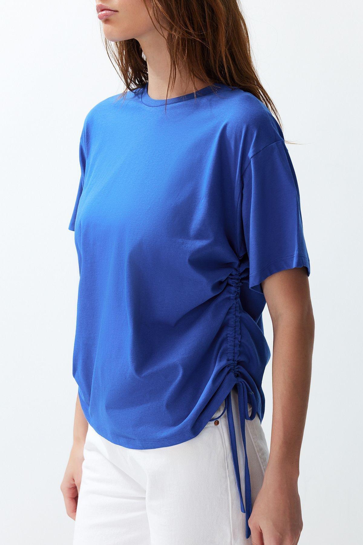 Blue Printed Gathered Detailed Oversized T-Shirt, , large image number 0