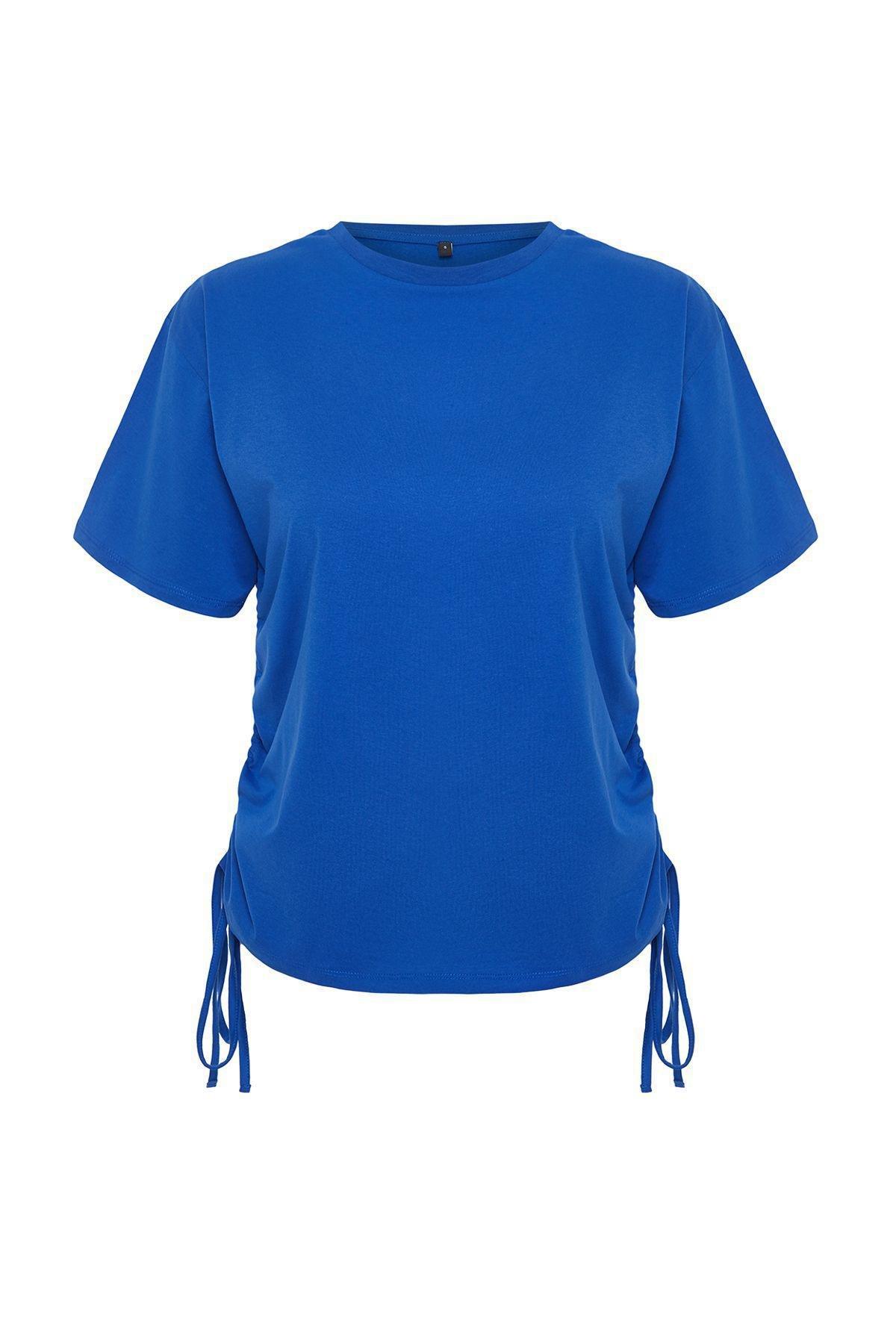 Blue Printed Gathered Detailed Oversized T-Shirt, , large image number 1