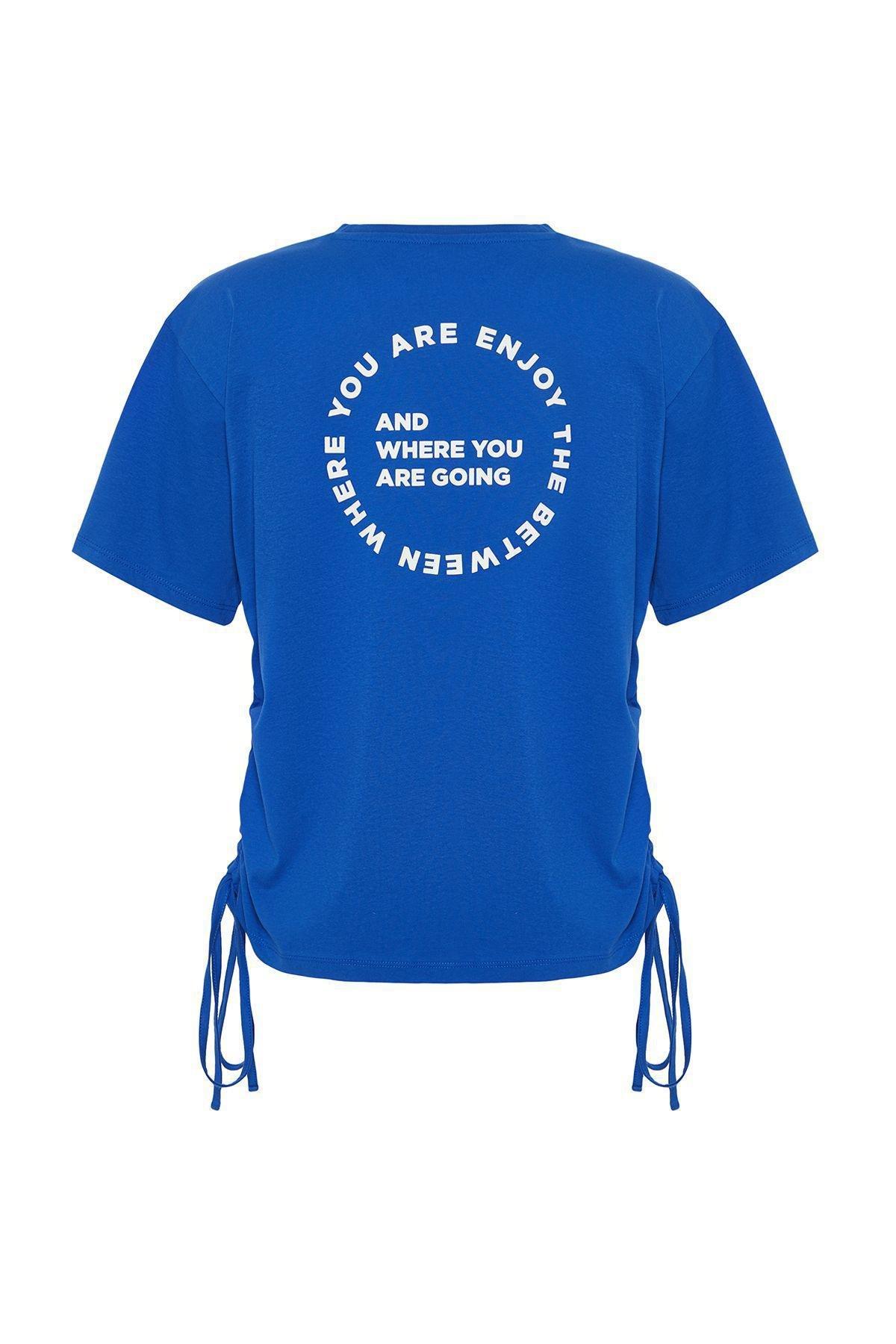 Blue Printed Gathered Detailed Oversized T-Shirt, , large image number 3