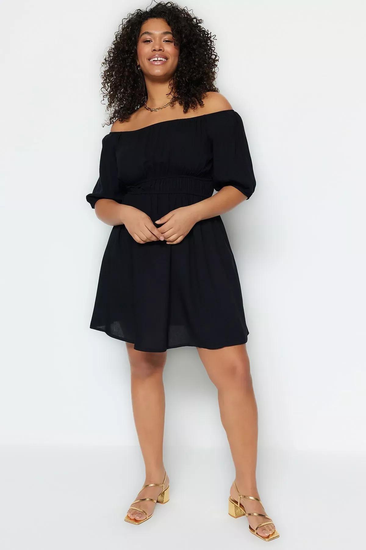 Black Skater Plus Size Dress, Black, large image number 0