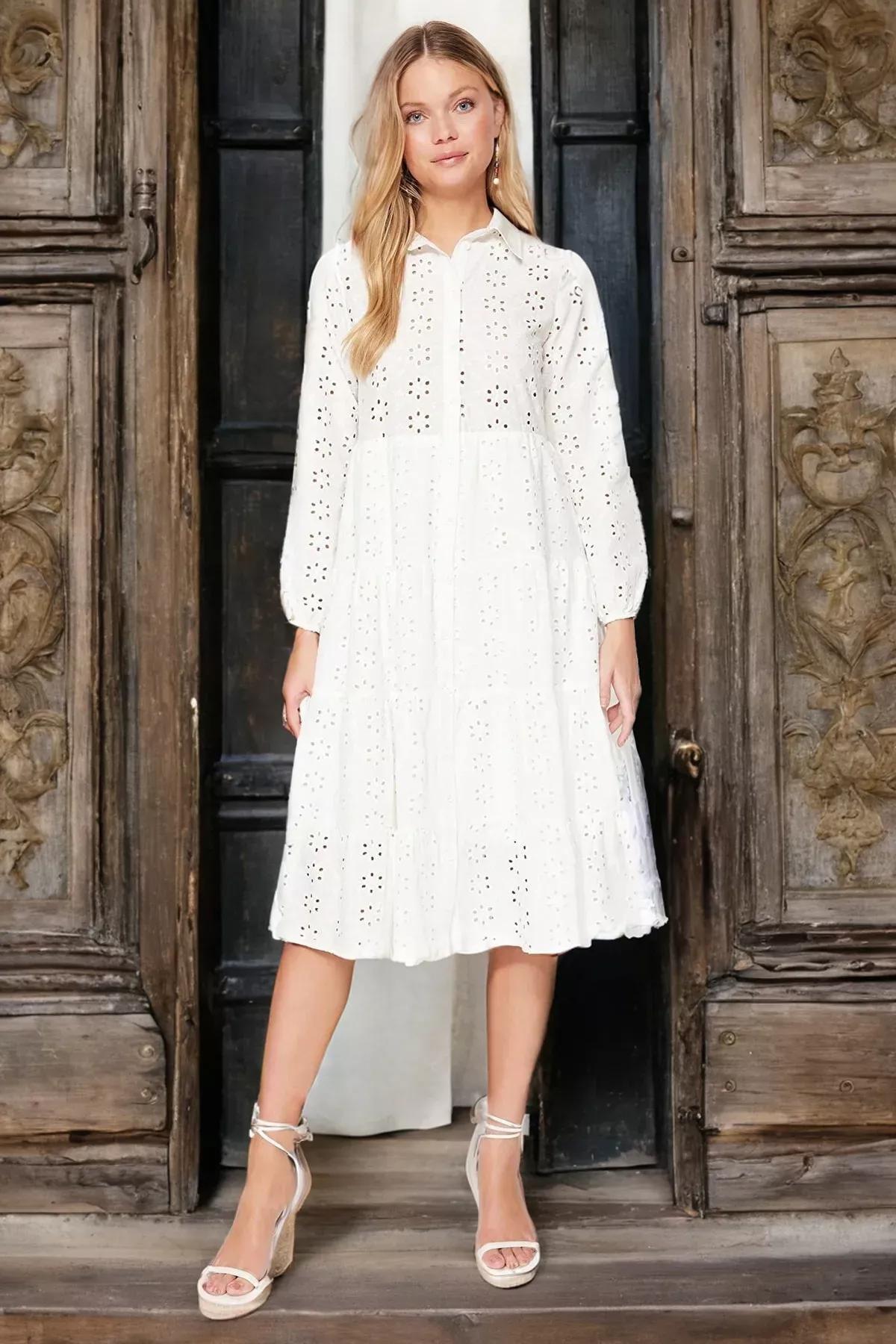 فستان سكيتر للمقاسات الكبيرة، أزرق, Ecru, large image number 0