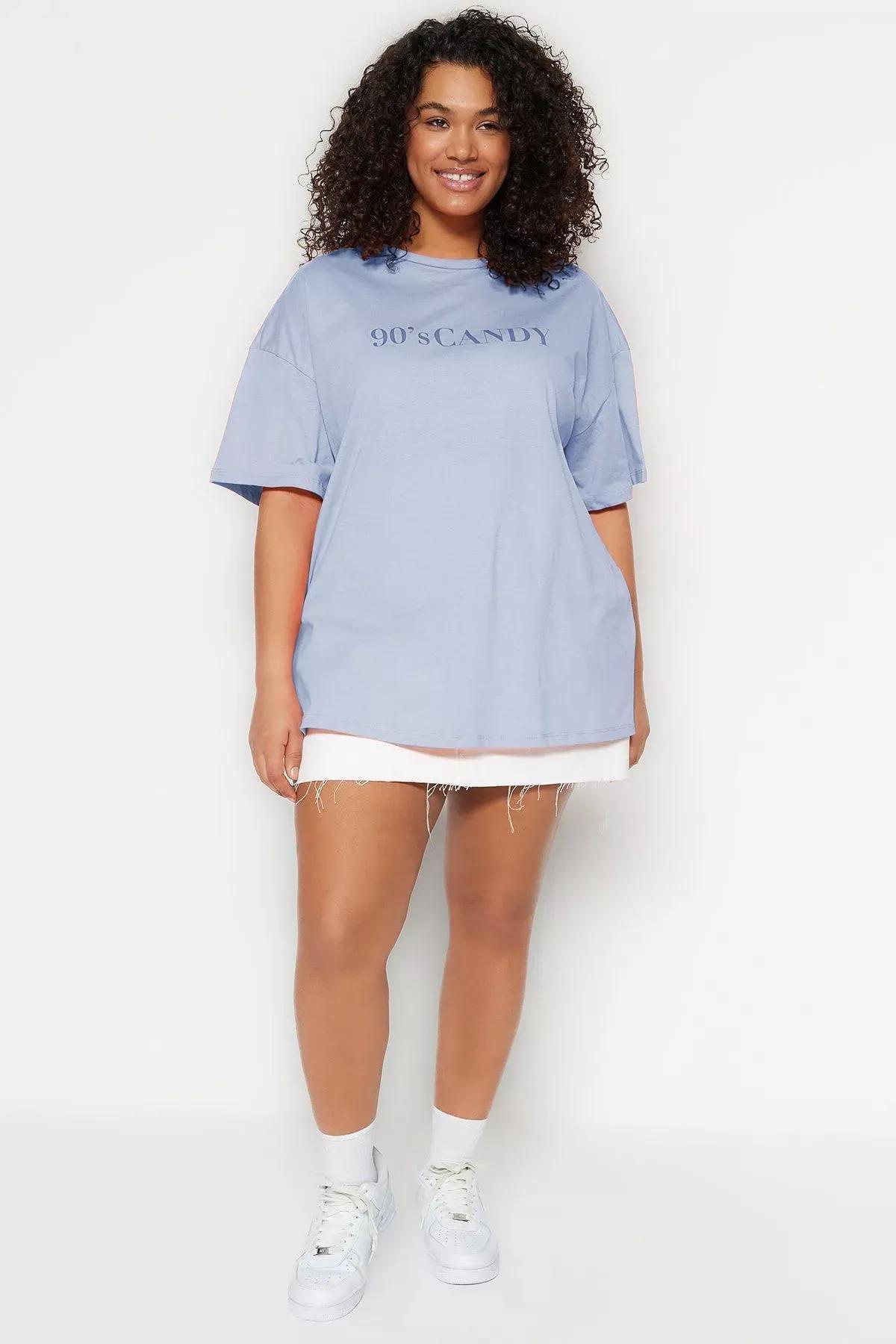 Blue Patterned Printed Bike Collar Knitted T-Shirt, LIGHT BLUE, large image number 1