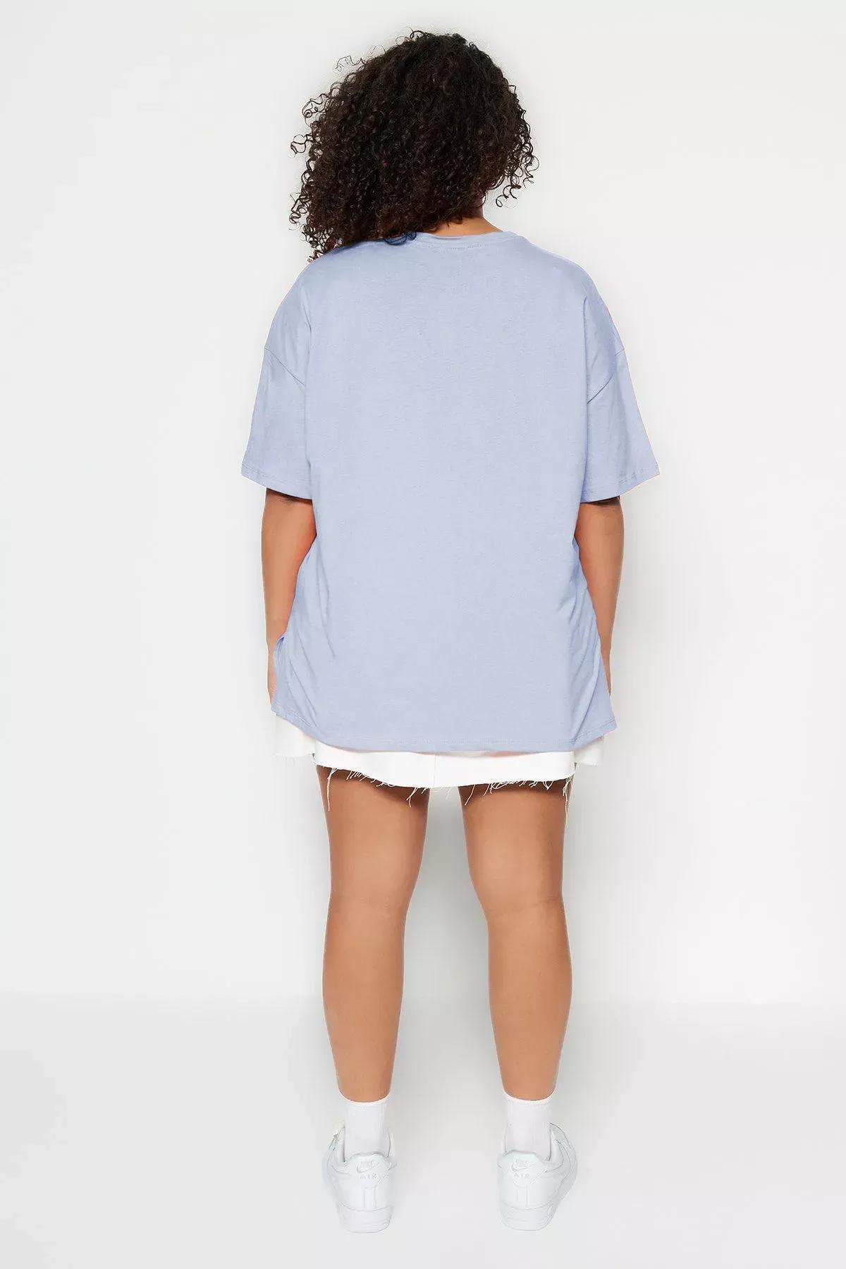 Blue Patterned Printed Bike Collar Knitted T-Shirt, LIGHT BLUE, large image number 4