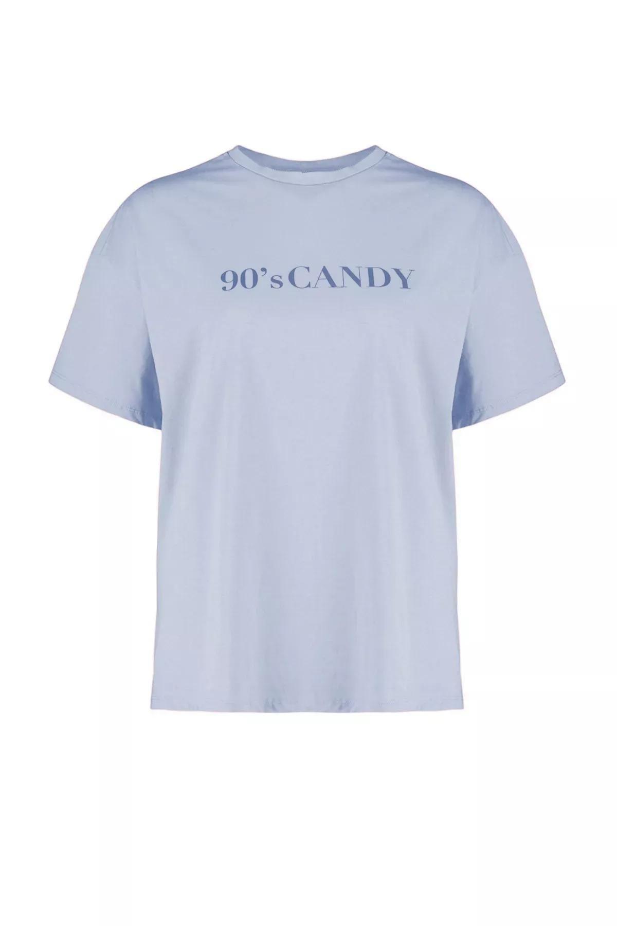Blue Patterned Printed Bike Collar Knitted T-Shirt, LIGHT BLUE, large image number 5