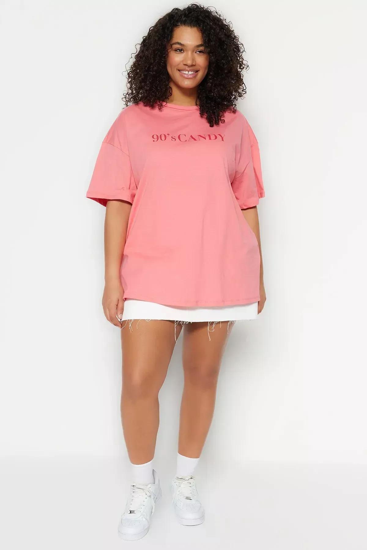 تيشيرت بقصة فضفاضة للمقاسات الكبيرة، وردي, Pink, large image number 1