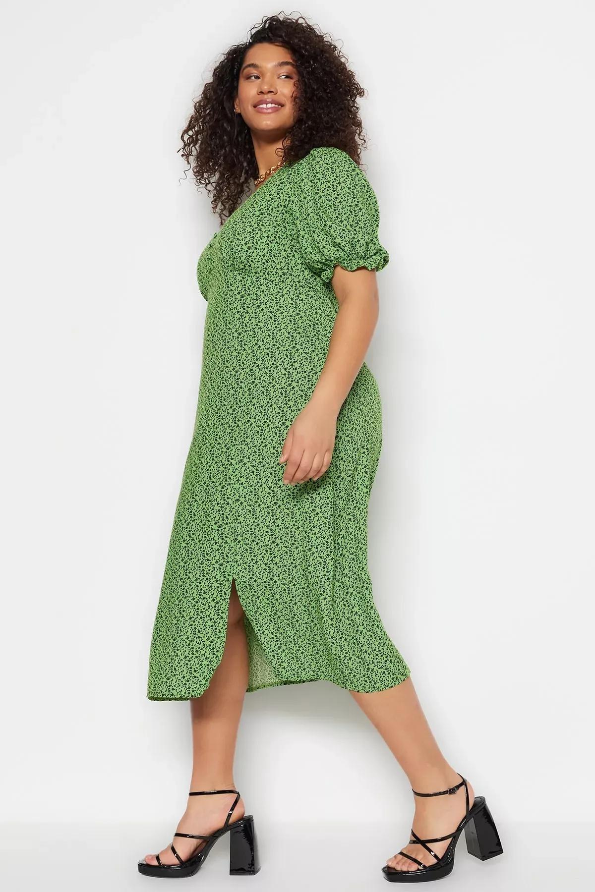 Green Floral Plus Size Dress, Green, large image number 0