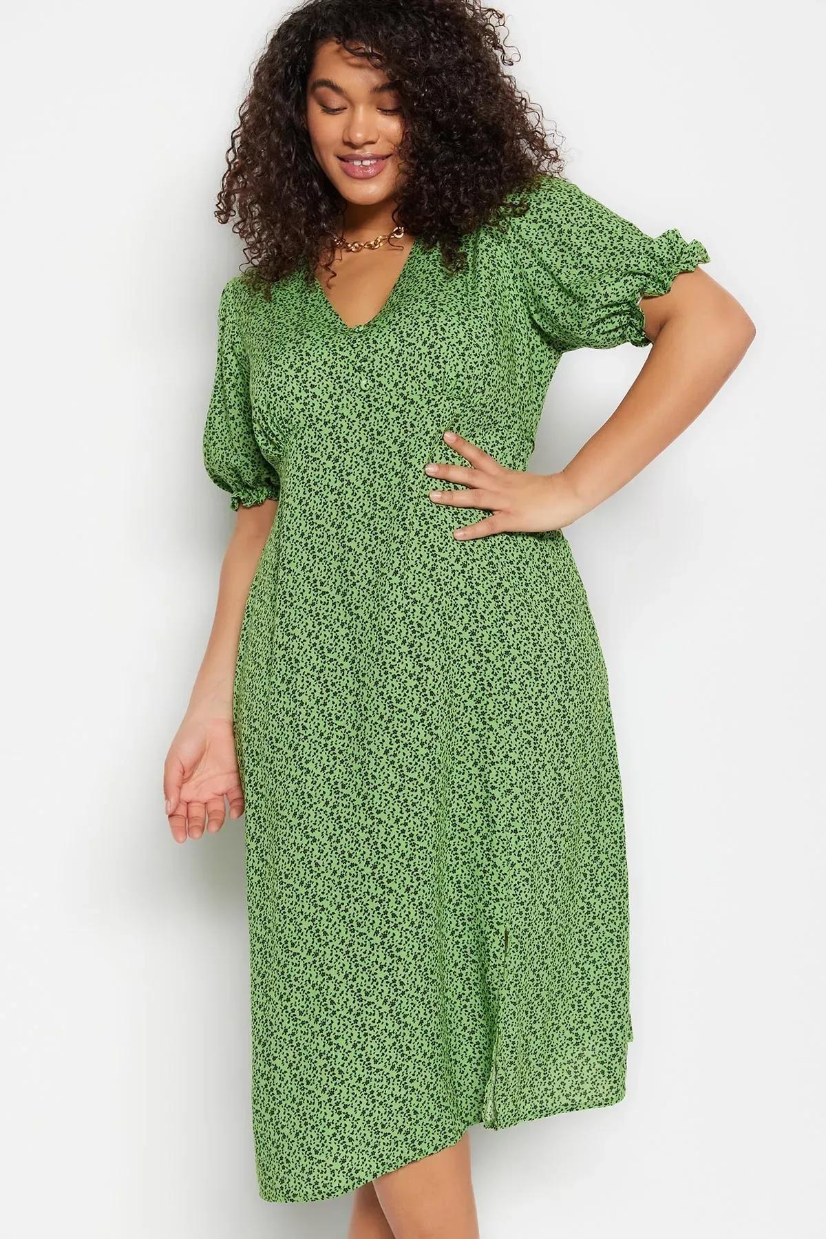 Green Floral Plus Size Dress, Green, large image number 1