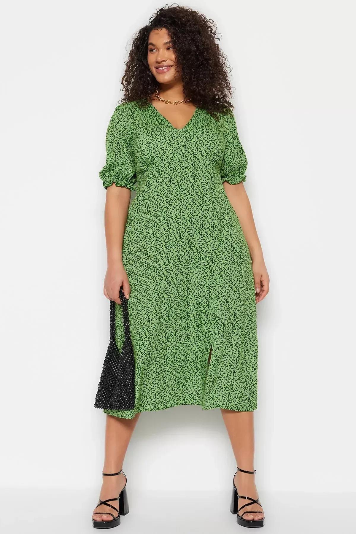 Green Floral Plus Size Dress, Green, large image number 4