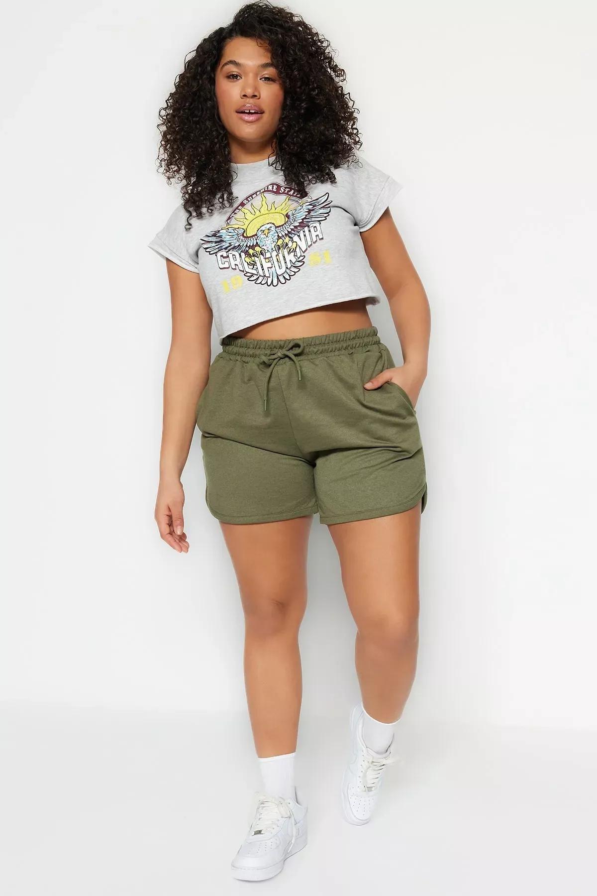 Green High Waist Plus-Size Shorts, Khaki, large image number 0