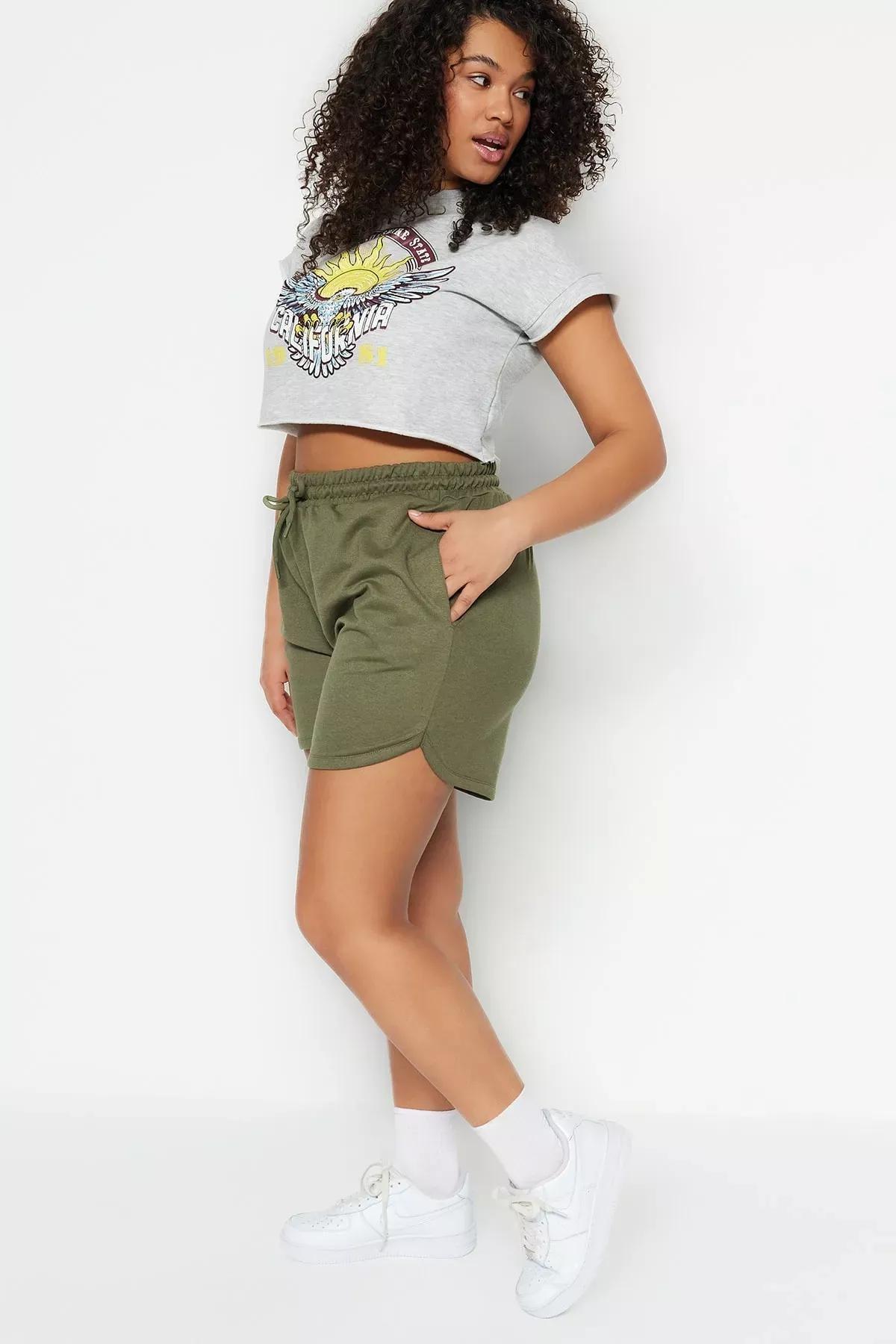 Green High Waist Plus-Size Shorts, Khaki, large image number 1