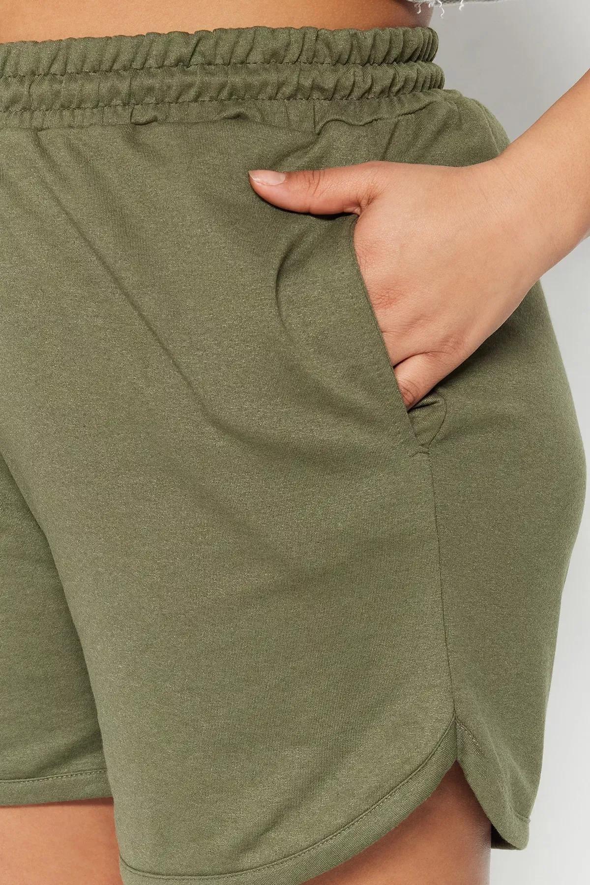 Green High Waist Plus-Size Shorts, Khaki, large image number 2