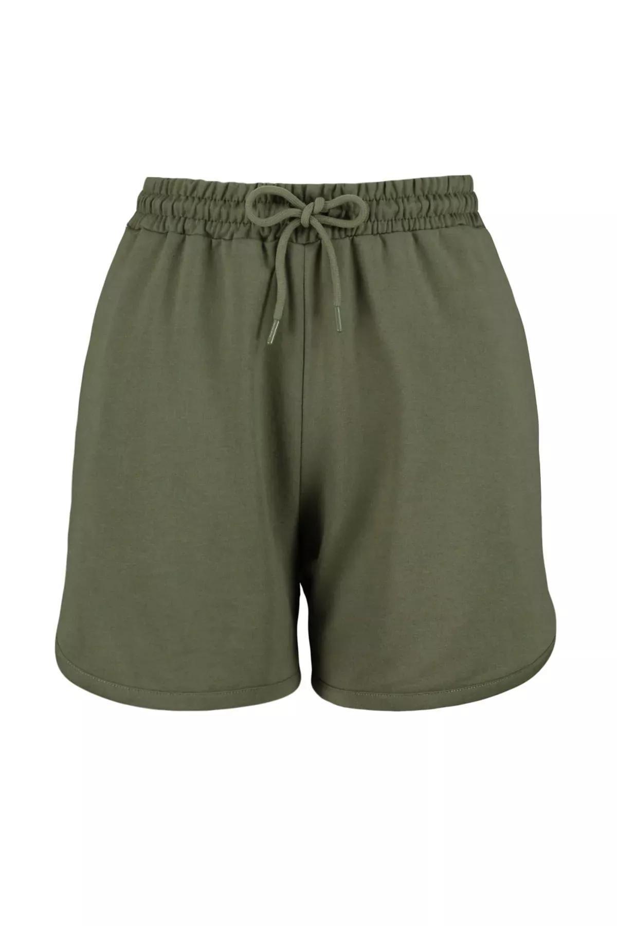 Green High Waist Plus-Size Shorts, Khaki, large image number 5
