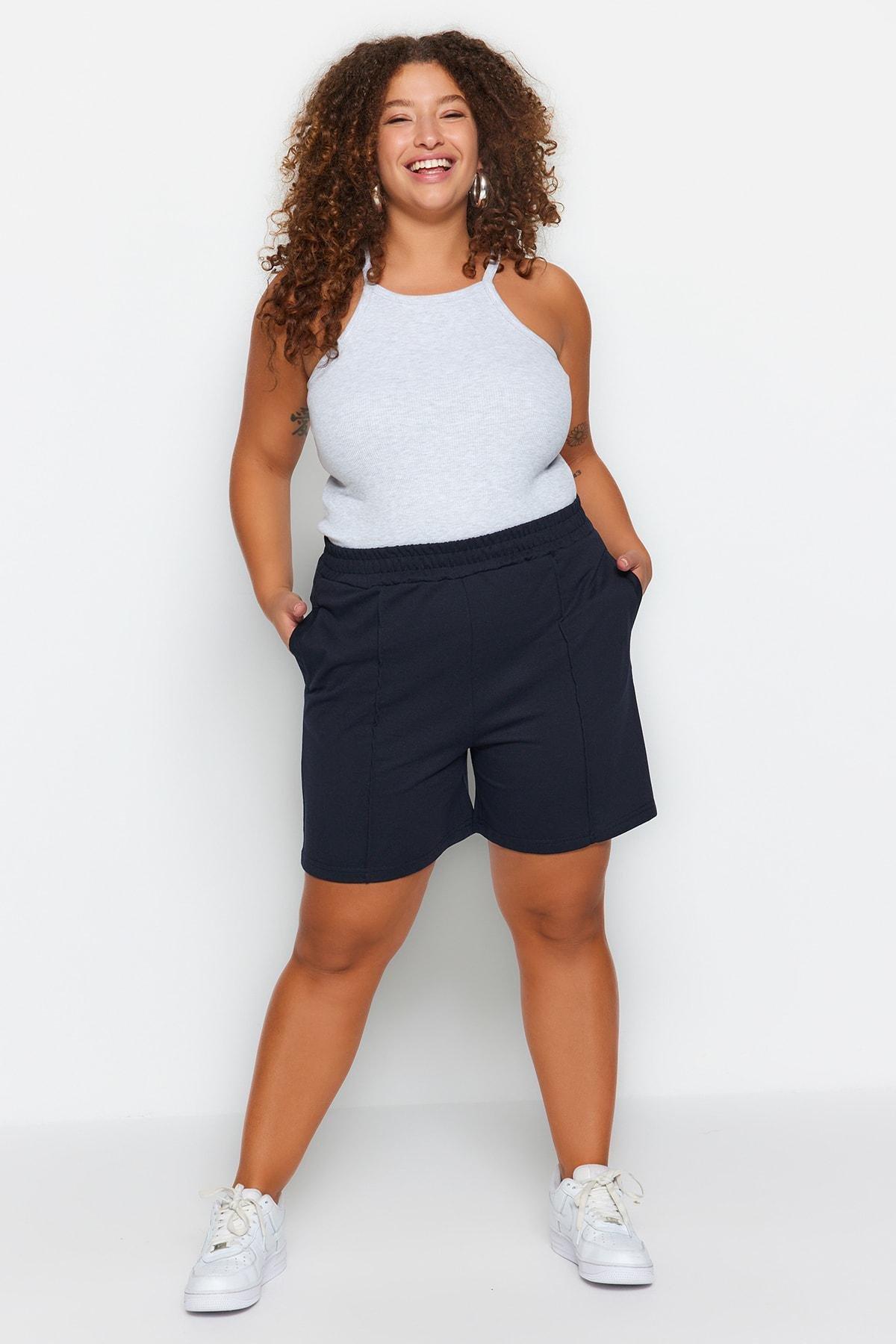 Navy High Waist Plus Size Shorts, , large image number 0