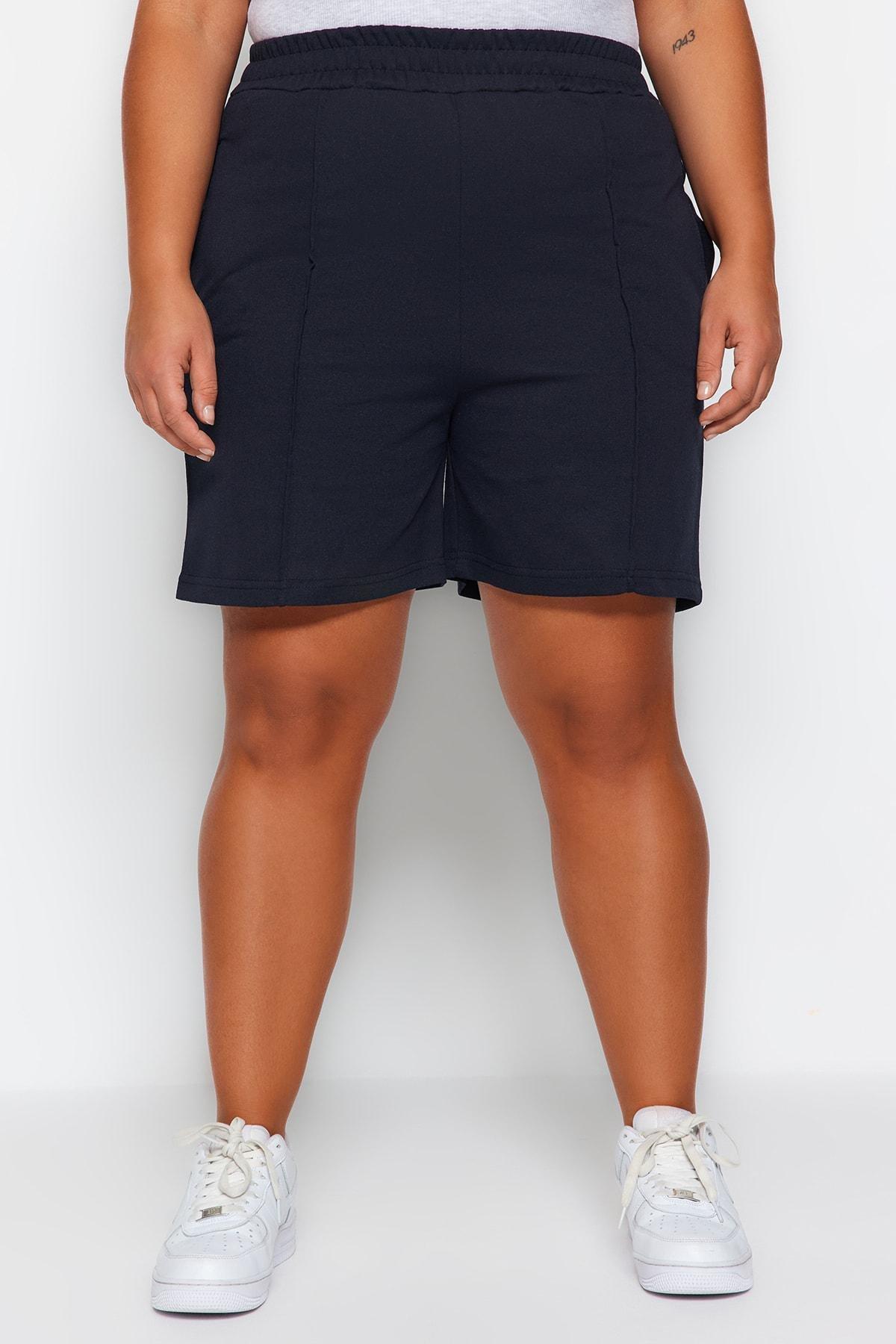 Navy High Waist Plus Size Shorts, , large image number 2