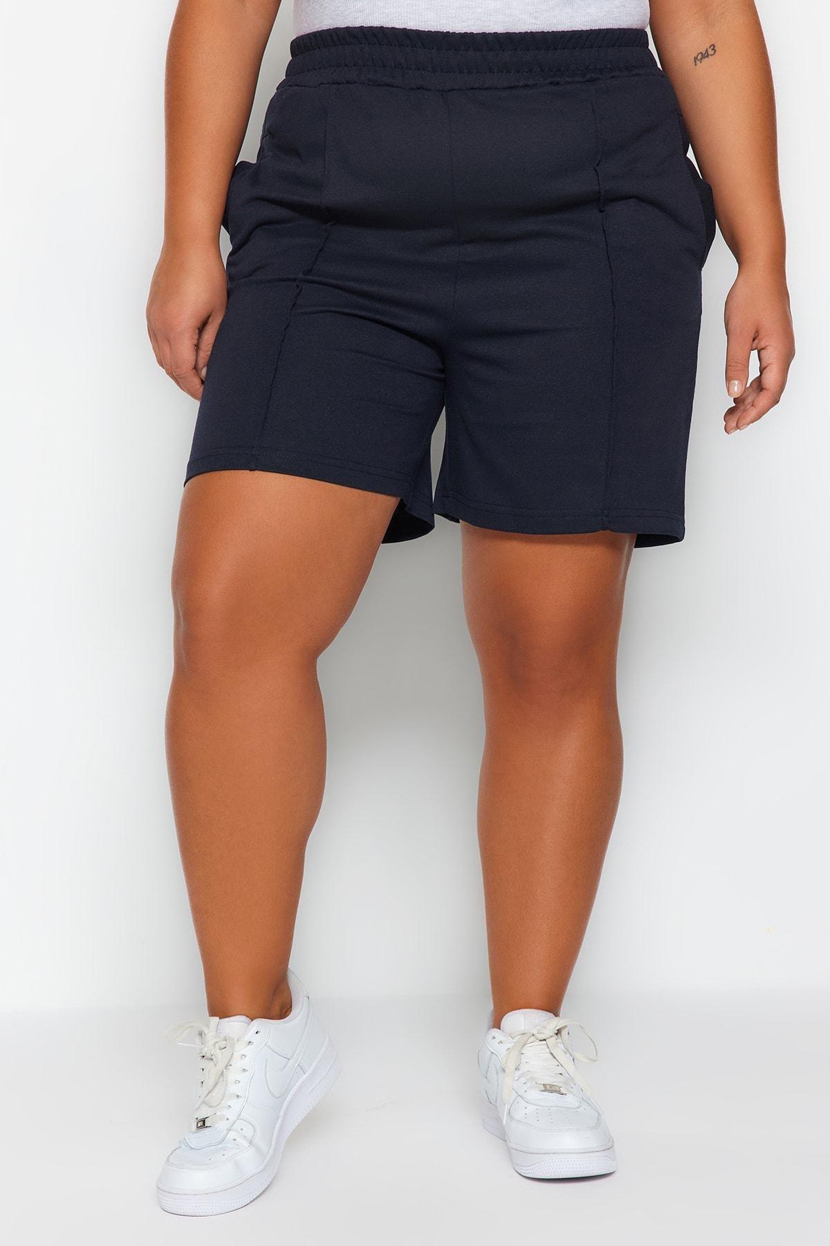Navy High Waist Plus Size Shorts, , large image number 3