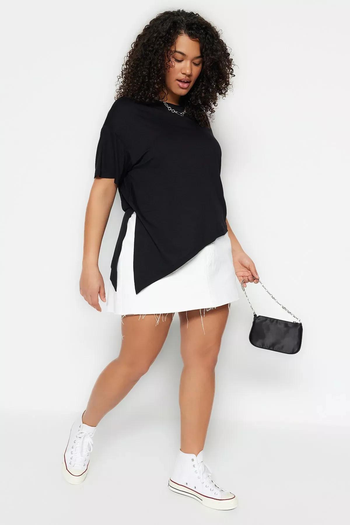 Black Crew Neck Plus Size Blouse, , medium