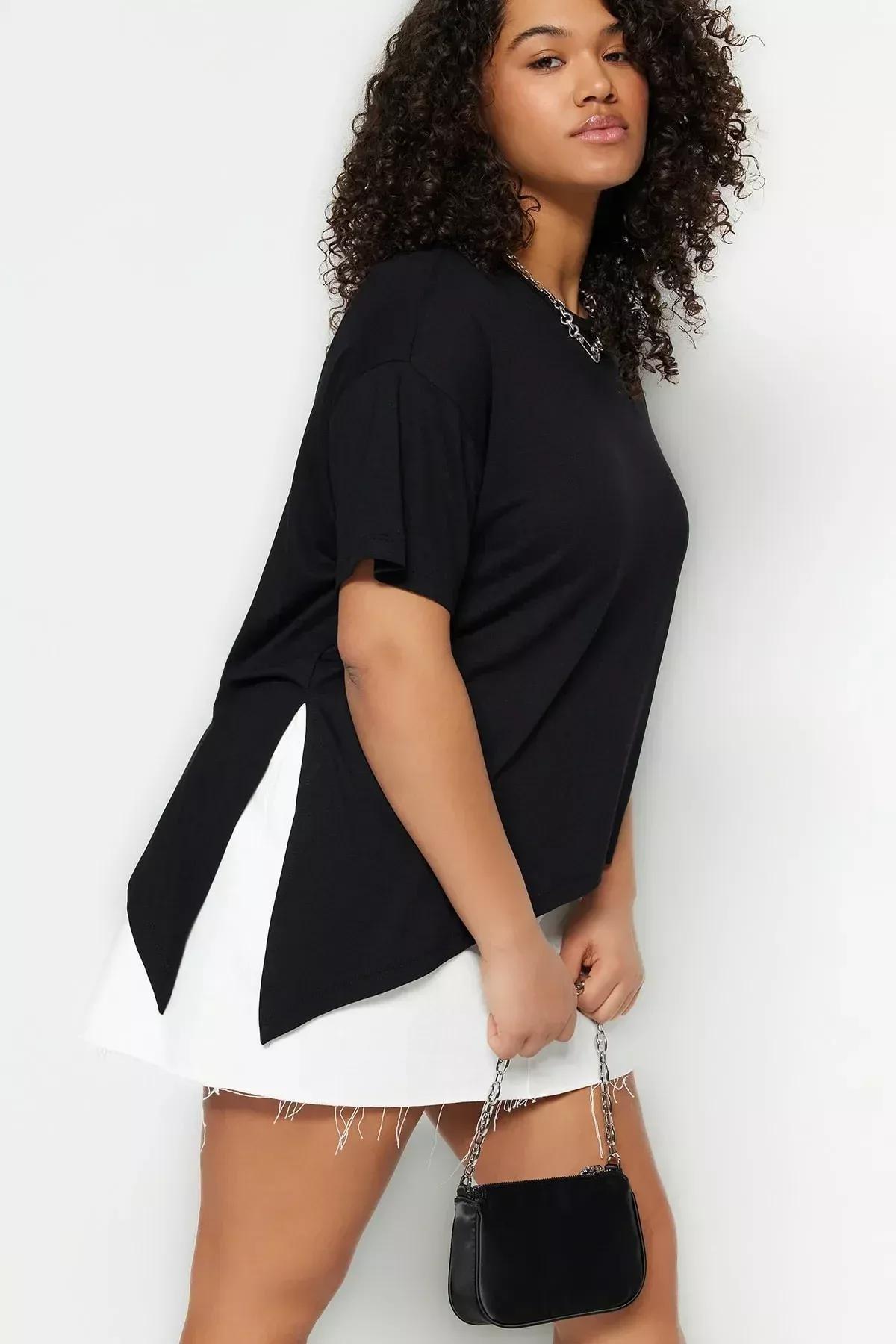 بلوزة بفتحة رقبة مستديرة للمقاسات الكبيرة، أسود, Black, medium