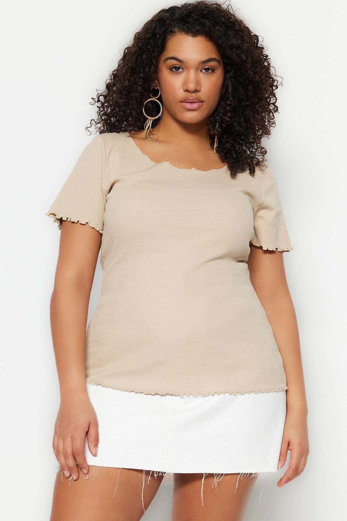 Beige Fitted Plus Size Blouse, , medium