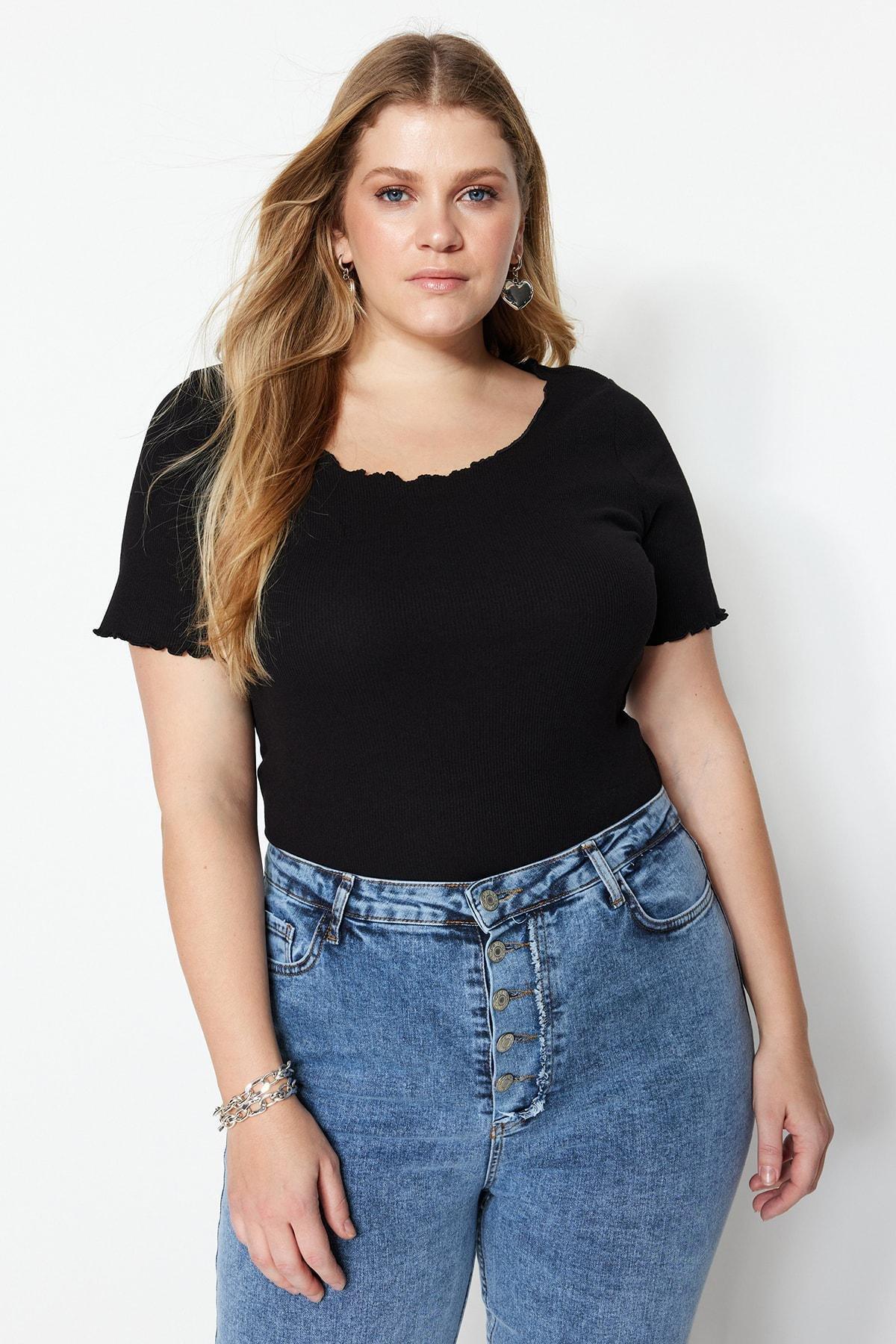 Black Fitted Plus Size Blouse, , large image number 0